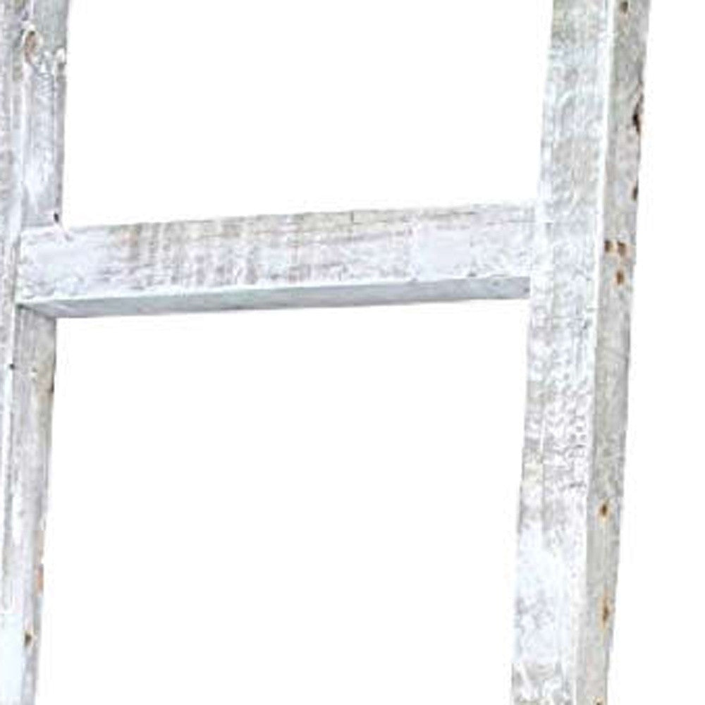 6 Step Rustic White Wash Wood Ladder Shelf showcasing its unique design and rustic finish, perfect for home decor.