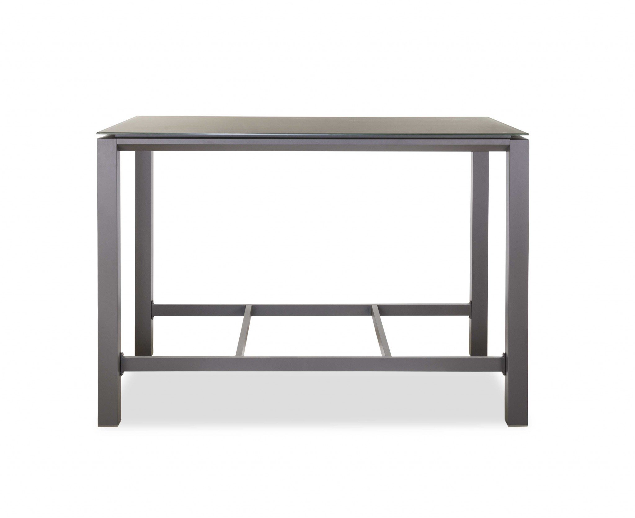 60" X 35" X 41" Taupe Bar Table with glass top and aluminum frame, perfect for outdoor use.