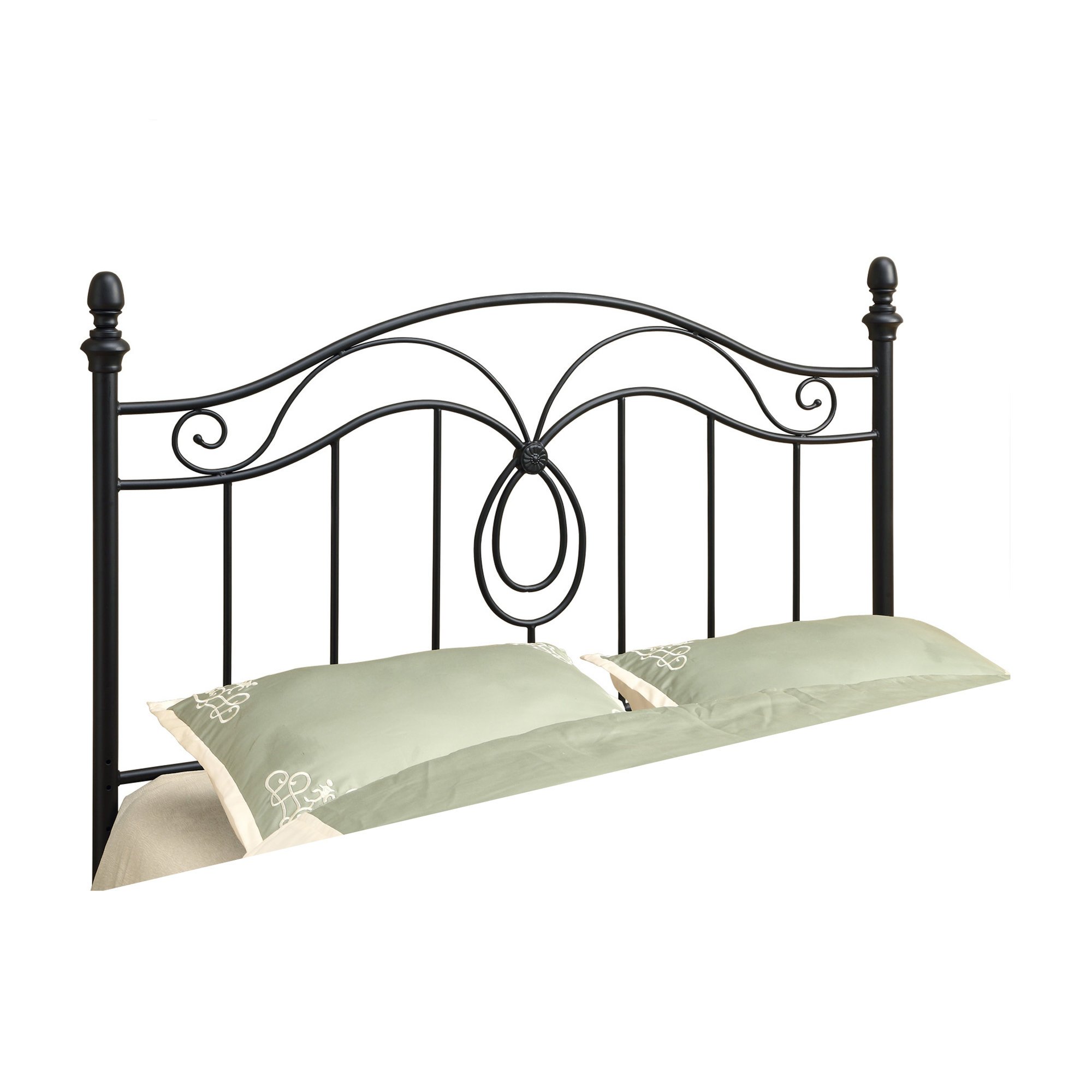 Elegant black metal headboard and footboard set designed for full and queen size beds, featuring a modern and sophisticated look.