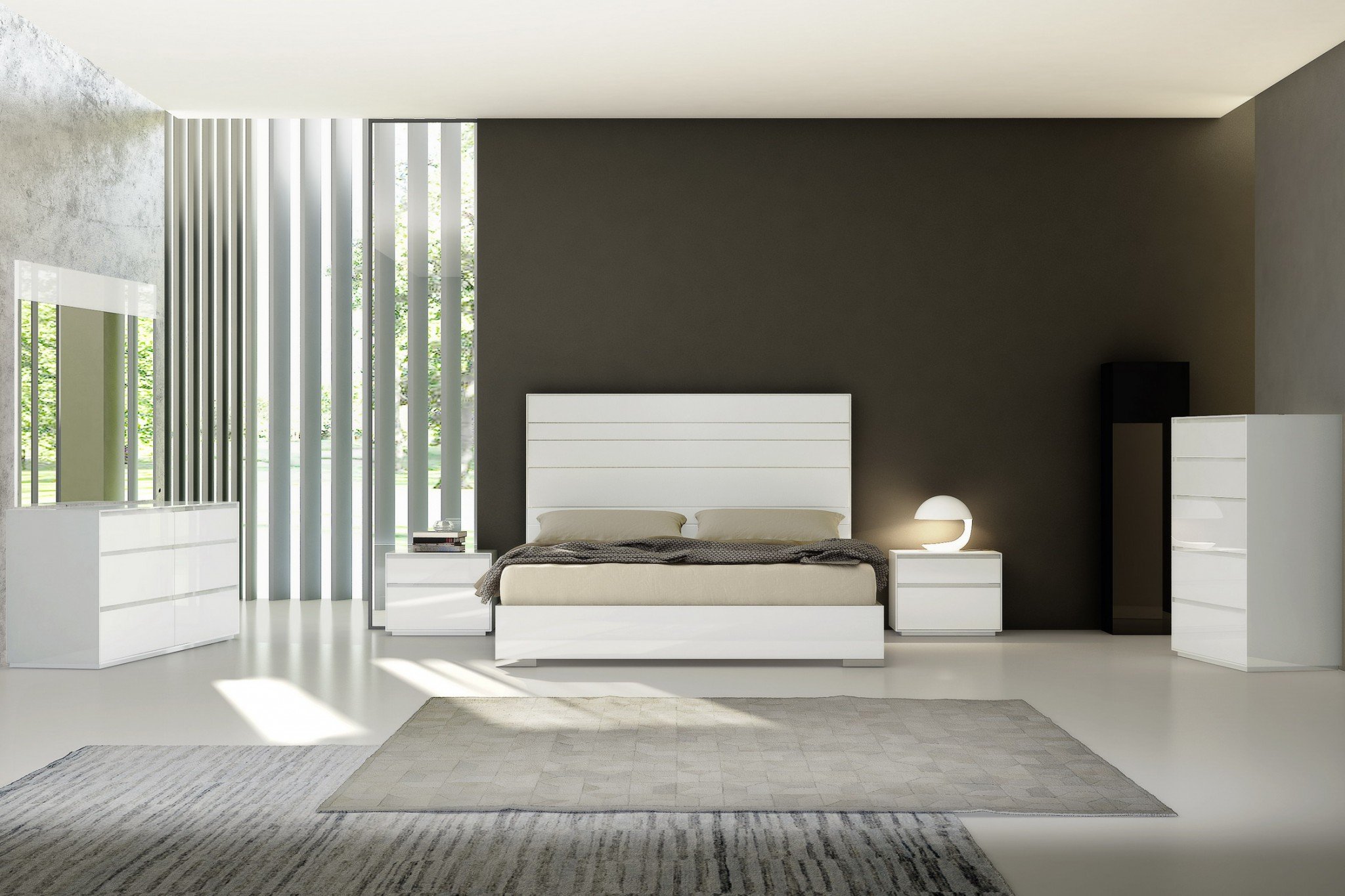 Elegant 60" x 80" white stainless steel queen bed with faux leather upholstery and gloss finish, showcasing contemporary design.