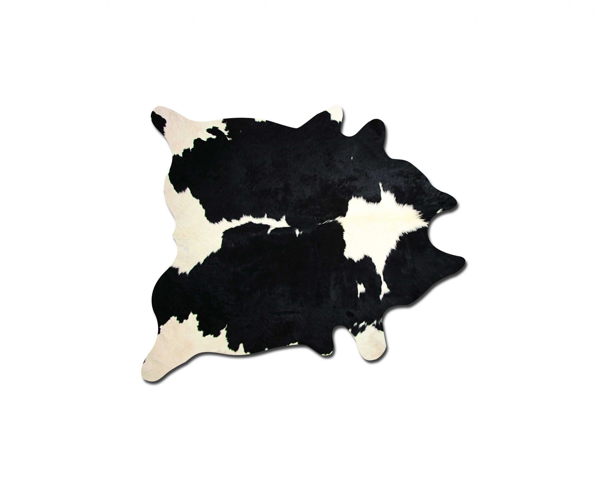 Handmade black and white cowhide area rug measuring 60x84 inches, showcasing a luxurious texture and unique patterns.