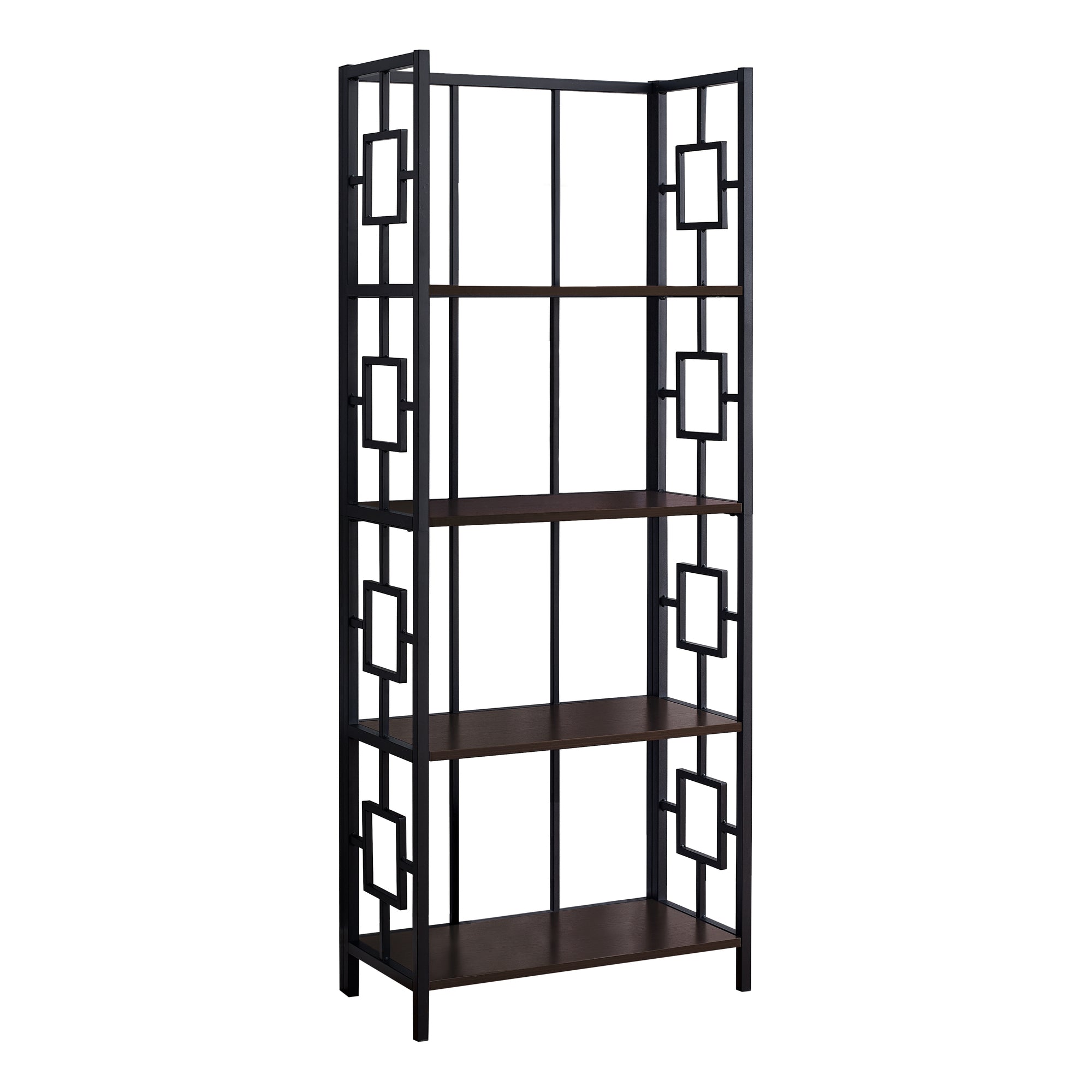 62-inch 4-tier bookcase in espresso finish with a black metal frame, showcasing four open shelves for books and decor.