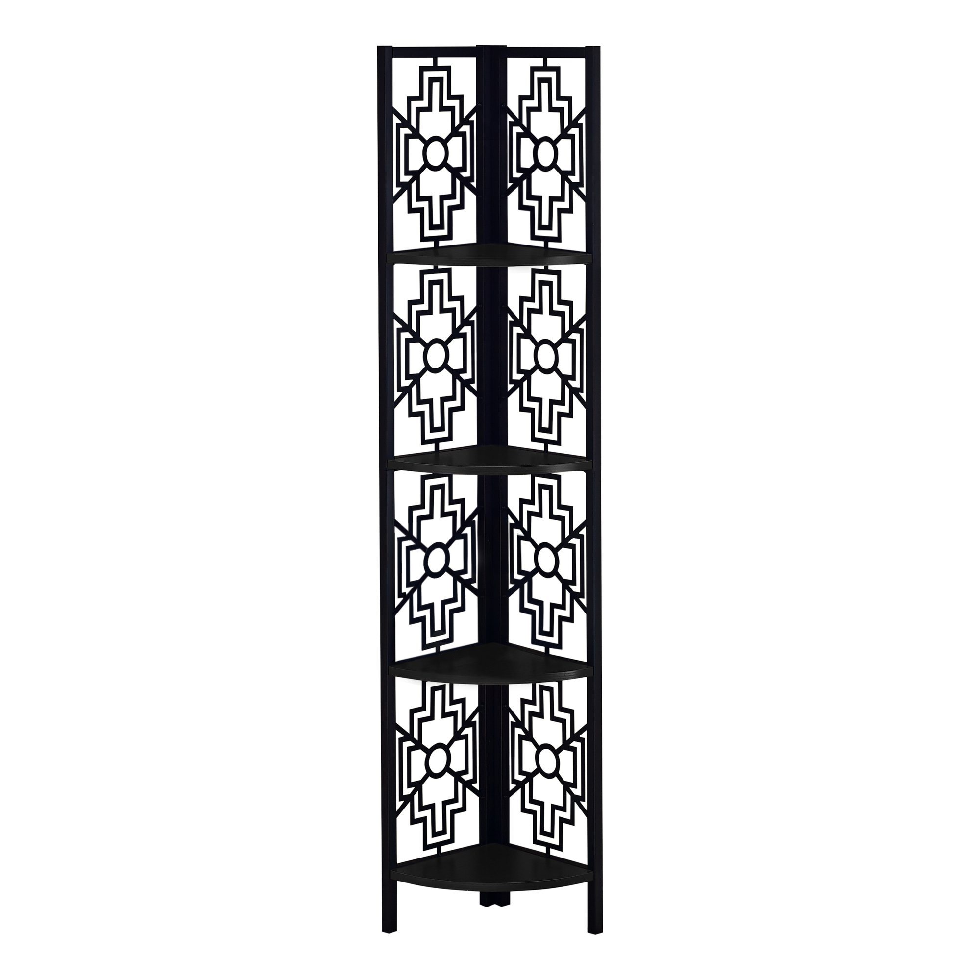 62-inch black bookcase with four solid shelves and a black metal corner design, perfect for home decor and storage.