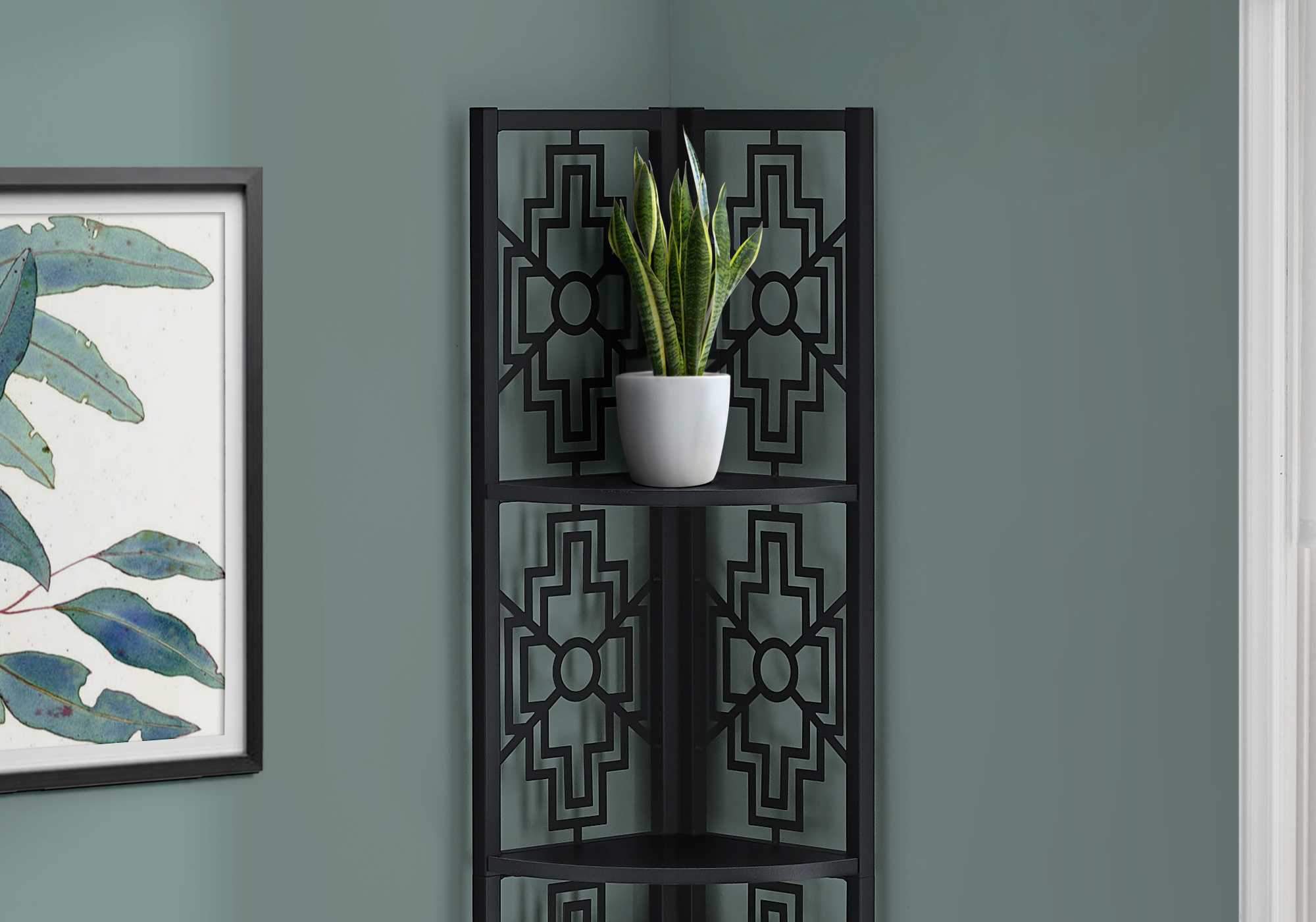 62-inch black bookcase with four solid shelves and a black metal corner design, perfect for home decor and storage.