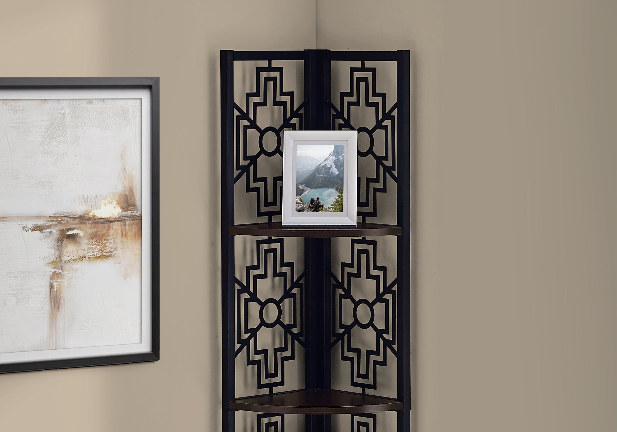 62-inch bookcase featuring four solid espresso shelves and a black metal corner design, ideal for stylish storage and display.