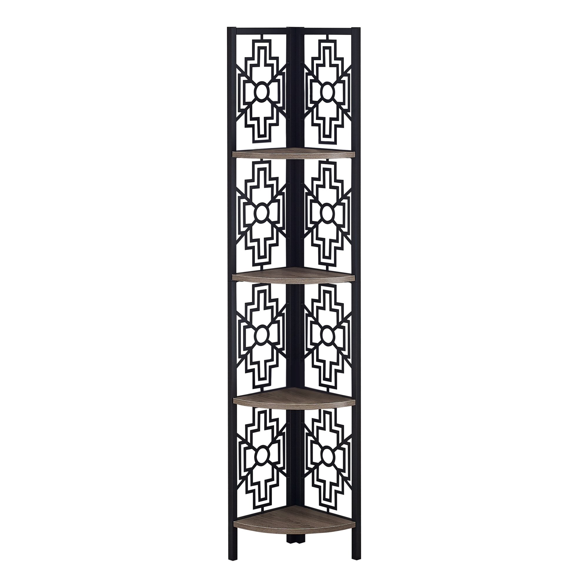 62-inch bookcase featuring four solid taupe shelves and a sleek black metal corner design, perfect for home decor and organization.