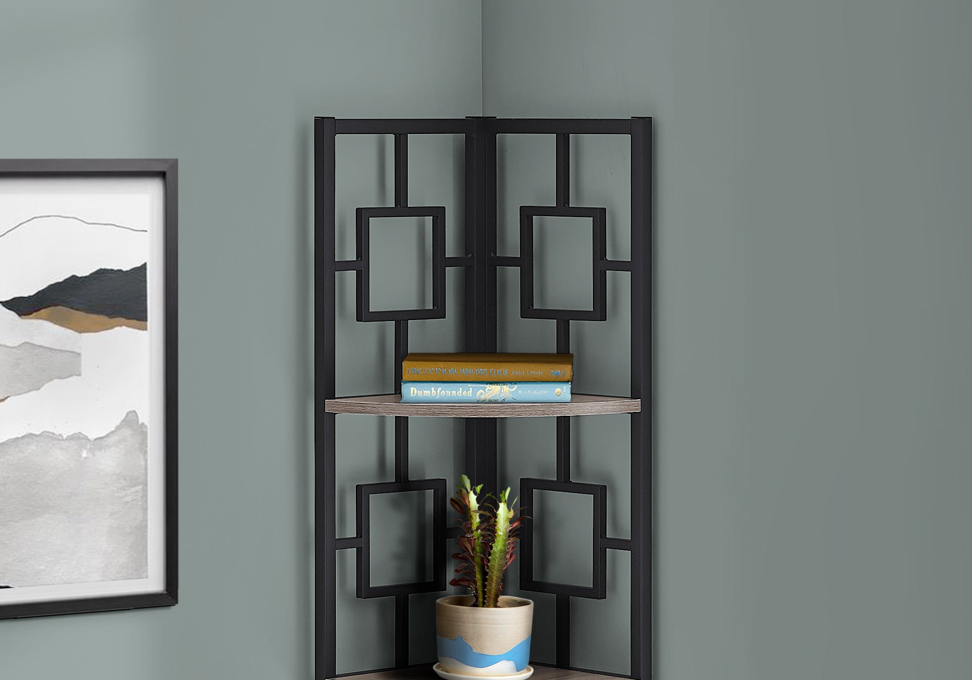 62-inch dark taupe and black metal corner bookcase with four shelves, showcasing a modern design and sturdy construction.