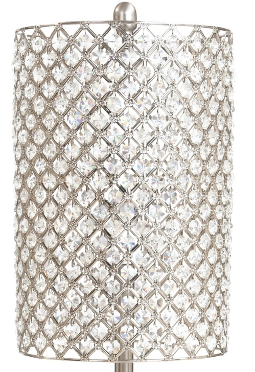 A stylish 62inches Drum Shade Crystal Bead Metal Floor Lamp with a nickel finish base and elegant crystal bead accents, perfect for home decor.