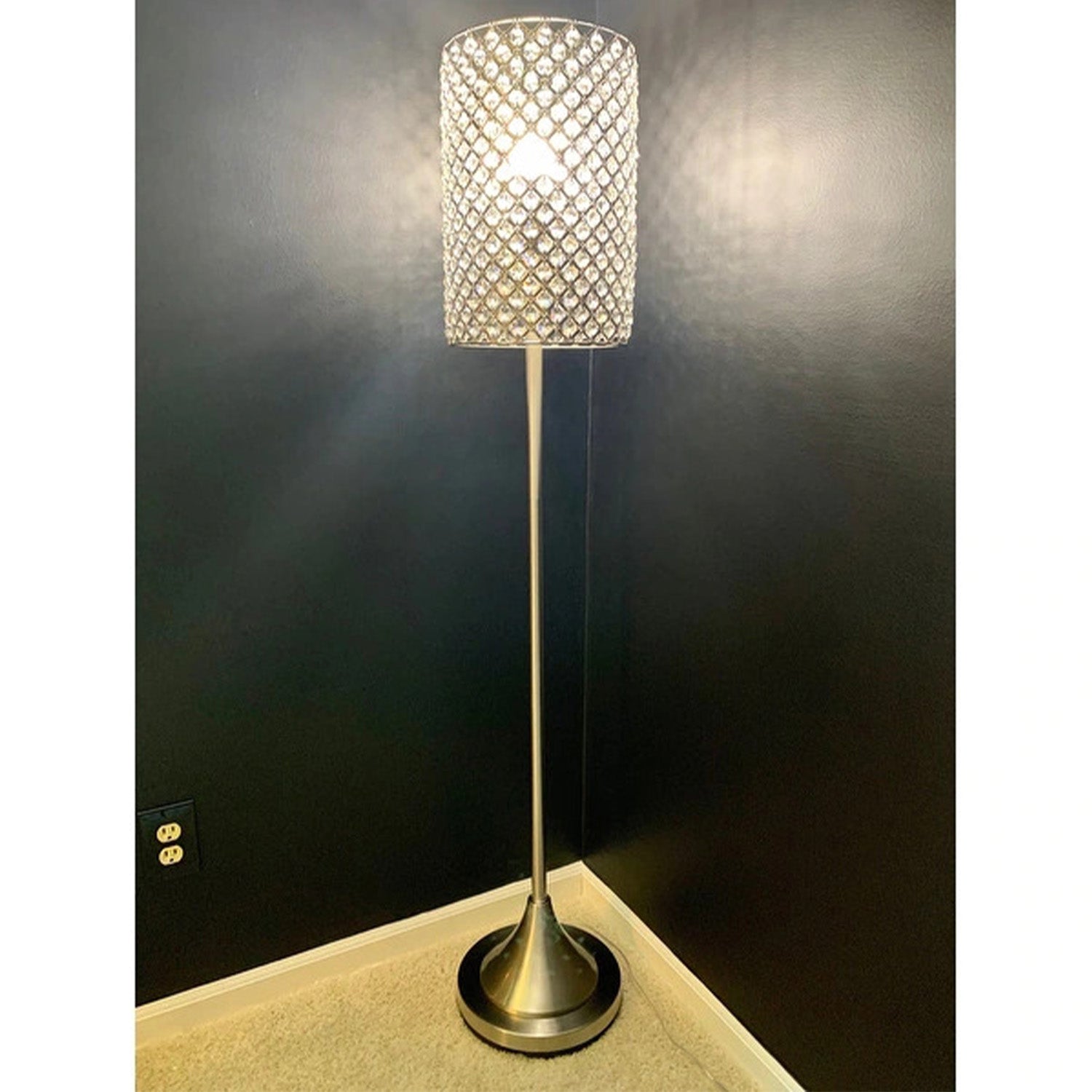 A stylish 62inches Drum Shade Crystal Bead Metal Floor Lamp with a nickel finish base and elegant crystal bead accents, perfect for home decor.