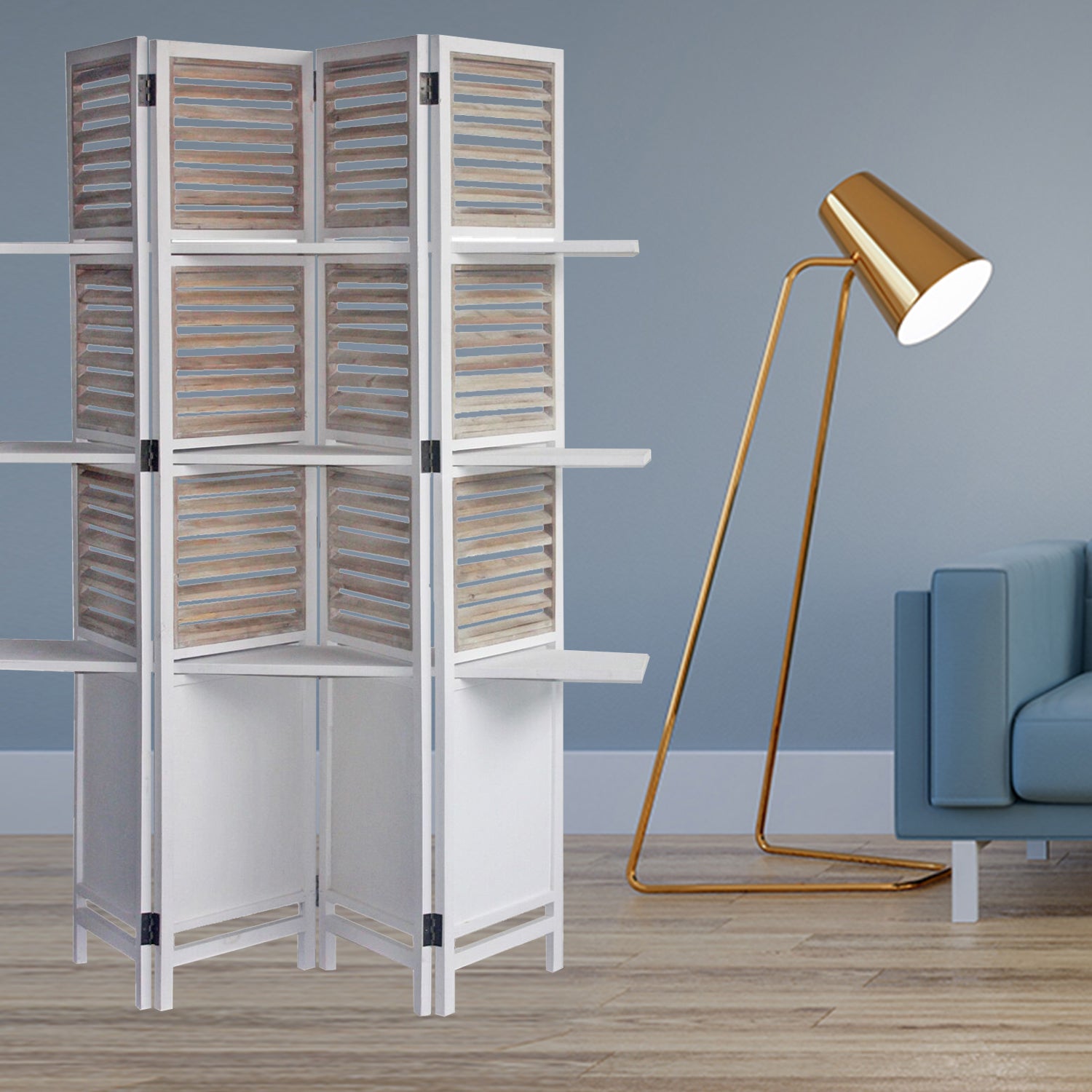 A beautifully crafted 63 x 10 x 71 Traditional White Wood Shutter Screen, showcasing hand-painted panels and a polished finish, ideal for home decor.