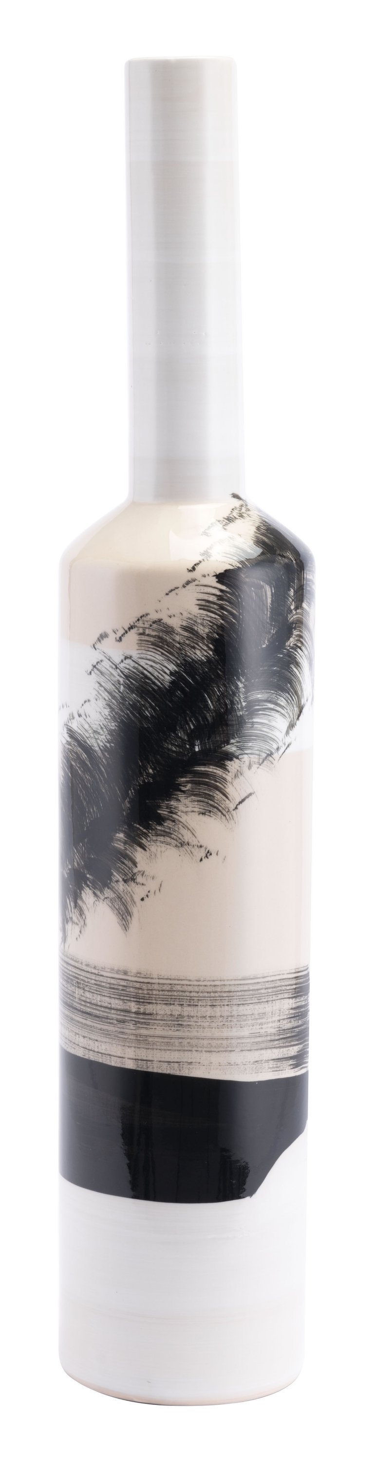 A tall cylindrical ceramic bottle in white with black feathering effect and pastel highlights, ideal for home decor.