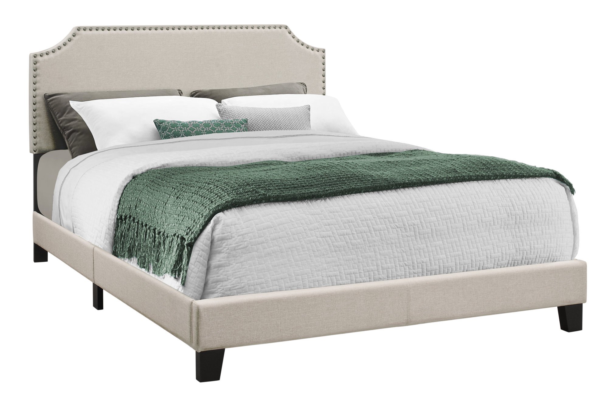 Elegant grey foam solid wood linen queen size bed with modern design, perfect for contemporary bedrooms.