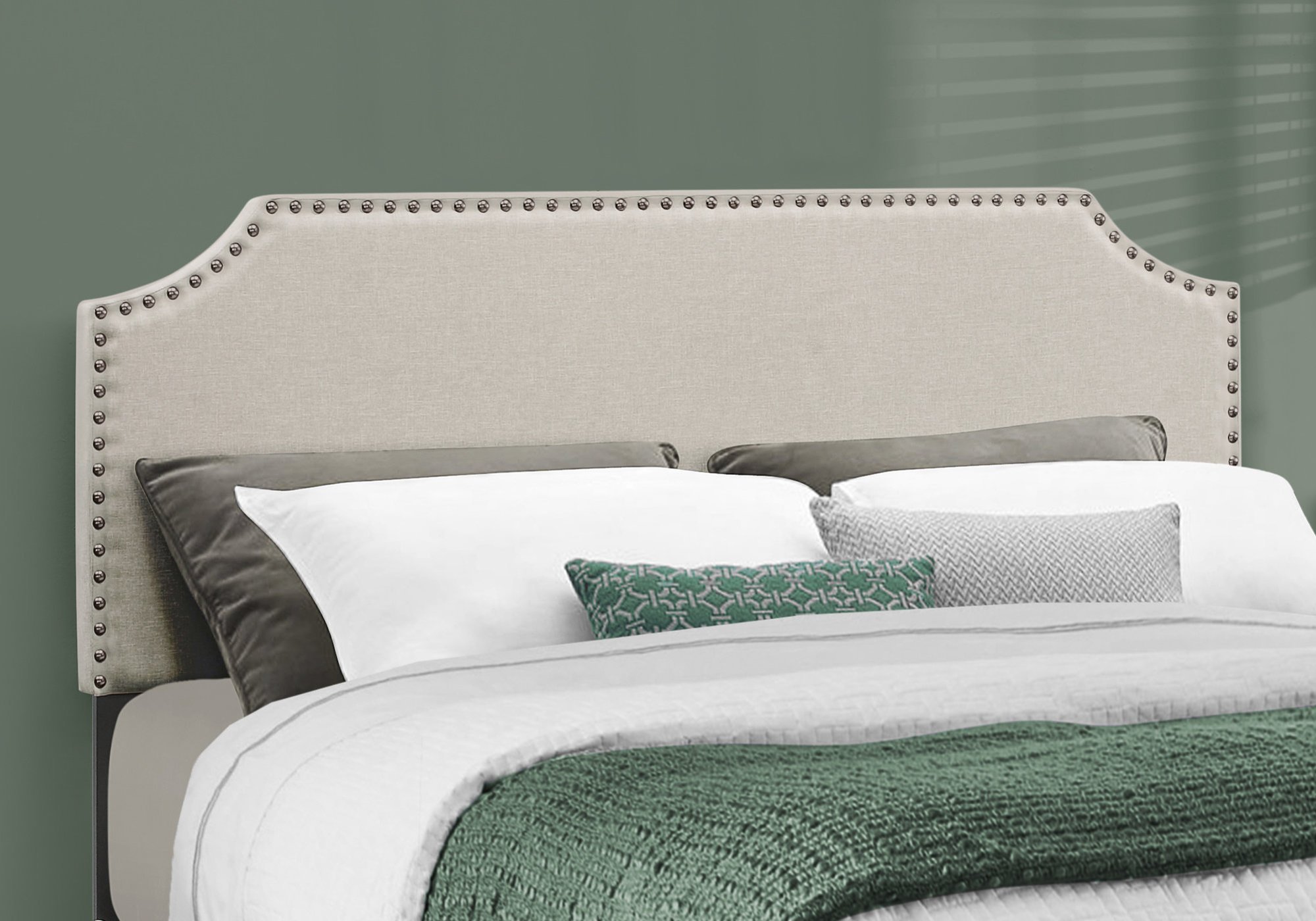Elegant grey foam solid wood linen queen size bed with modern design, perfect for contemporary bedrooms.