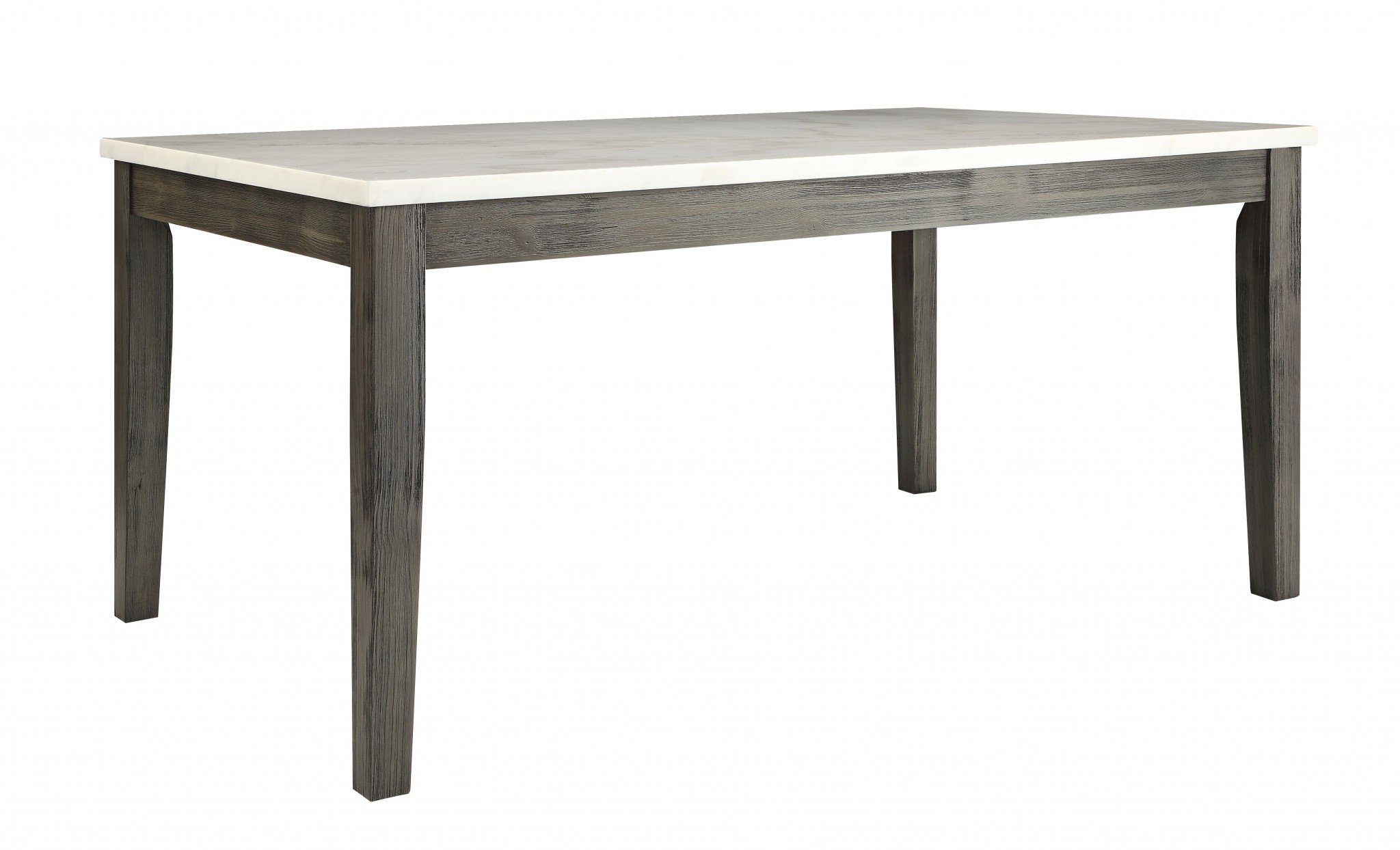 A stylish 64x38x30 inches dining table featuring a white marble top and gray oak tapered legs, perfect for modern dining rooms.