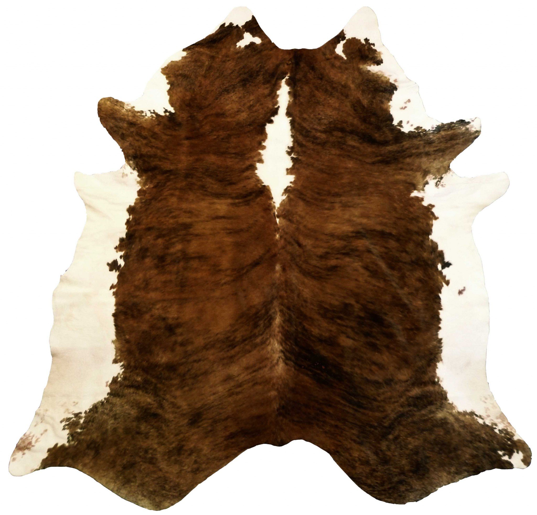 A 6.5 Ft Classic Brindled Cowhide Rug showcasing a unique brindled pattern in brown and white, perfect for enhancing home decor.