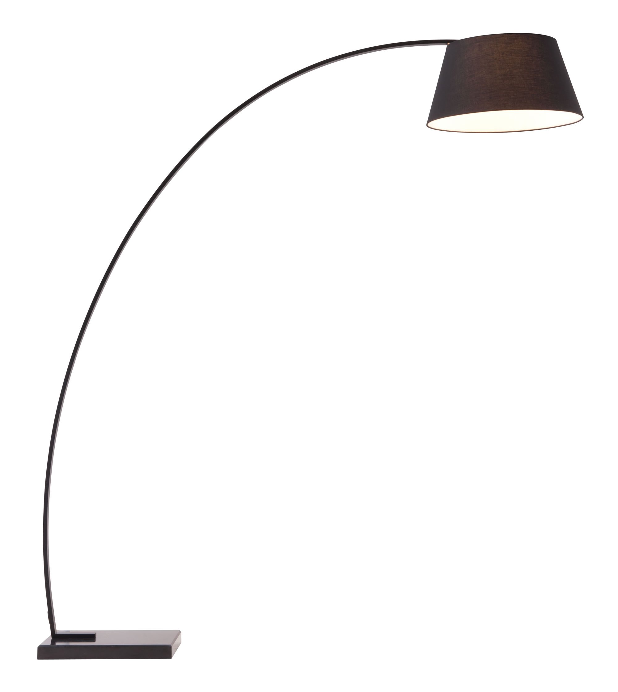 A stylish black floor lamp featuring a black fabric shade, metal body, and a sturdy black marble base, perfect for modern interiors.