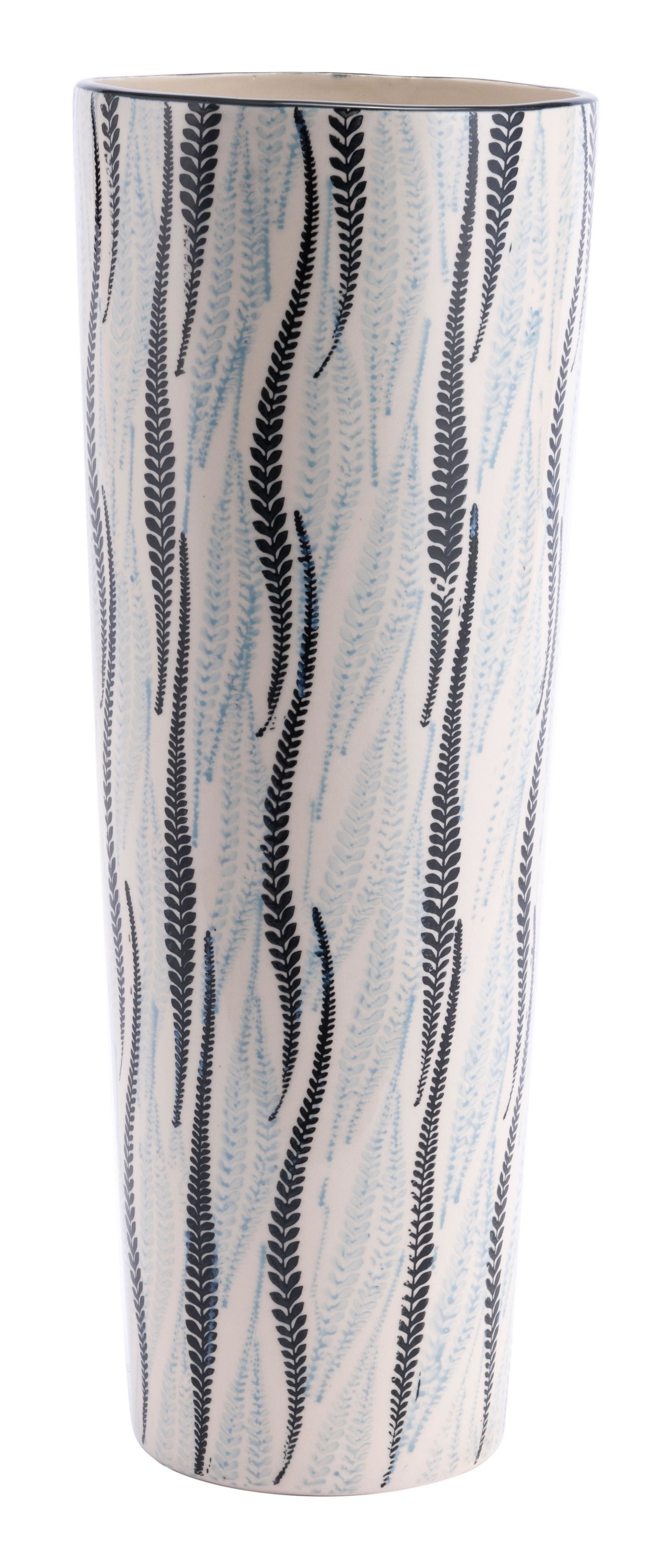 Elegant 6.9" x 6.9" x 18.1" ceramic tall vase with climbing leafed pattern in black and pastel blue.