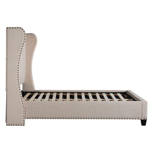 Elegant Enlightenment Queen Bed in dove grey poly-linen fabric with bronze nail head details and wing-back design.