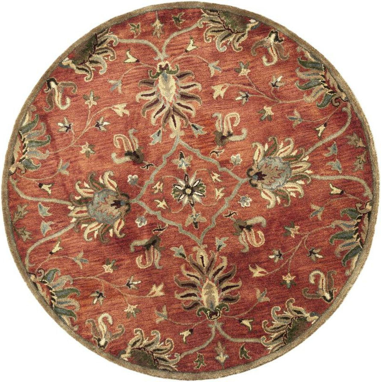 A 6-inch round indoor area rug in sienna orange, hand-tufted from New Zealand wool, showcasing traditional design and soft texture.