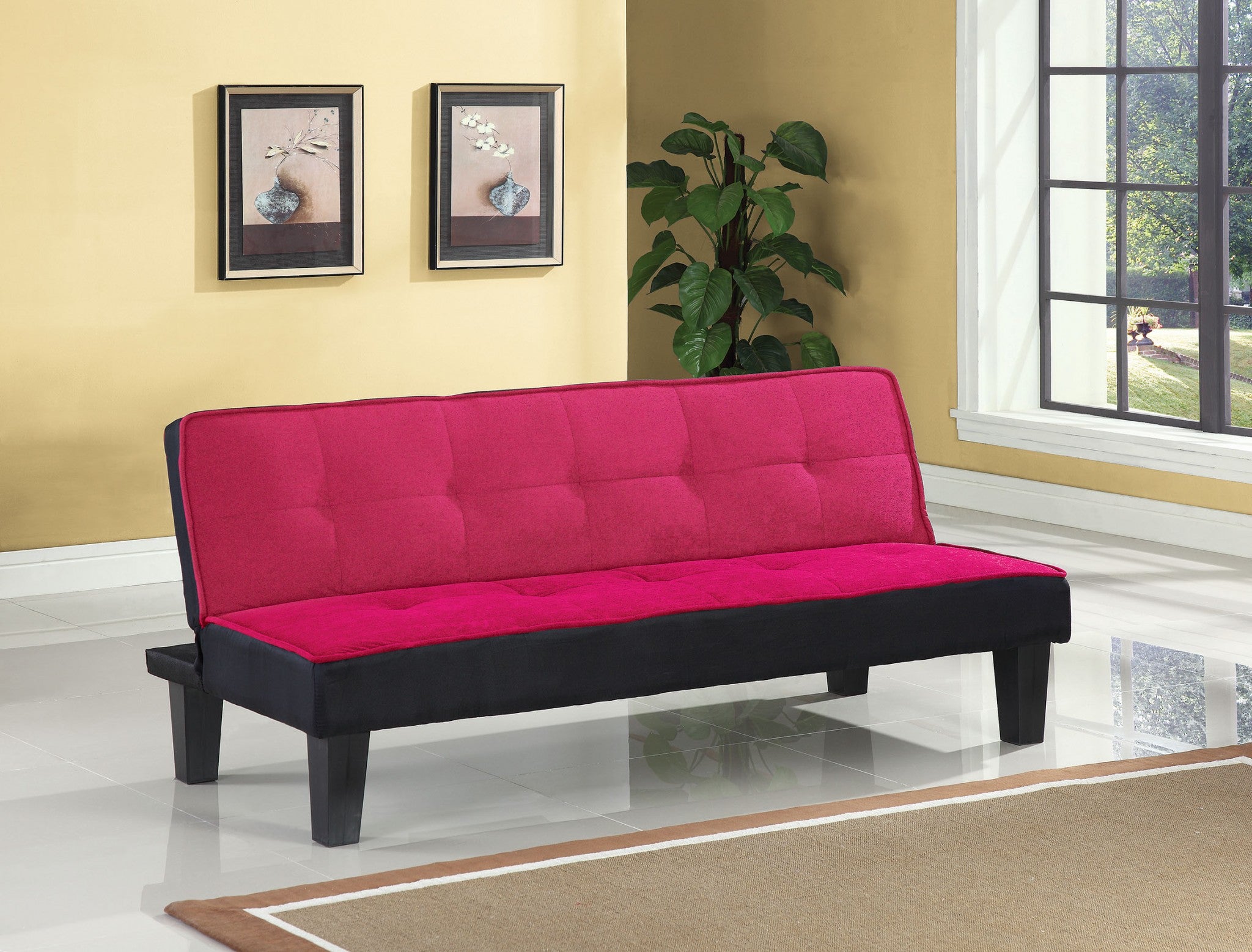 A stylish pink flannel fabric adjustable sofa with buttonless tufted design, perfect for modern living rooms.