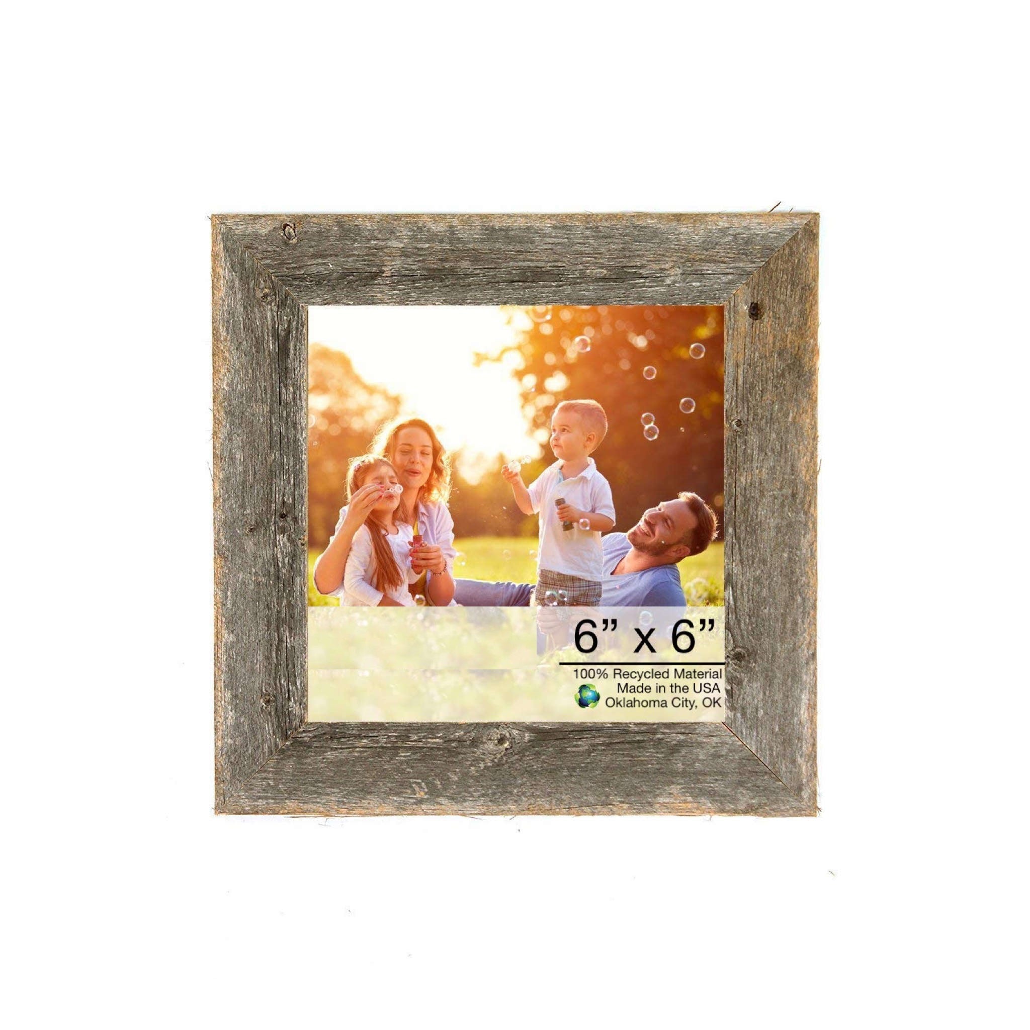A rustic 6x6 inches natural weathered gray picture frame made from reclaimed wood, showcasing a beautiful photo.
