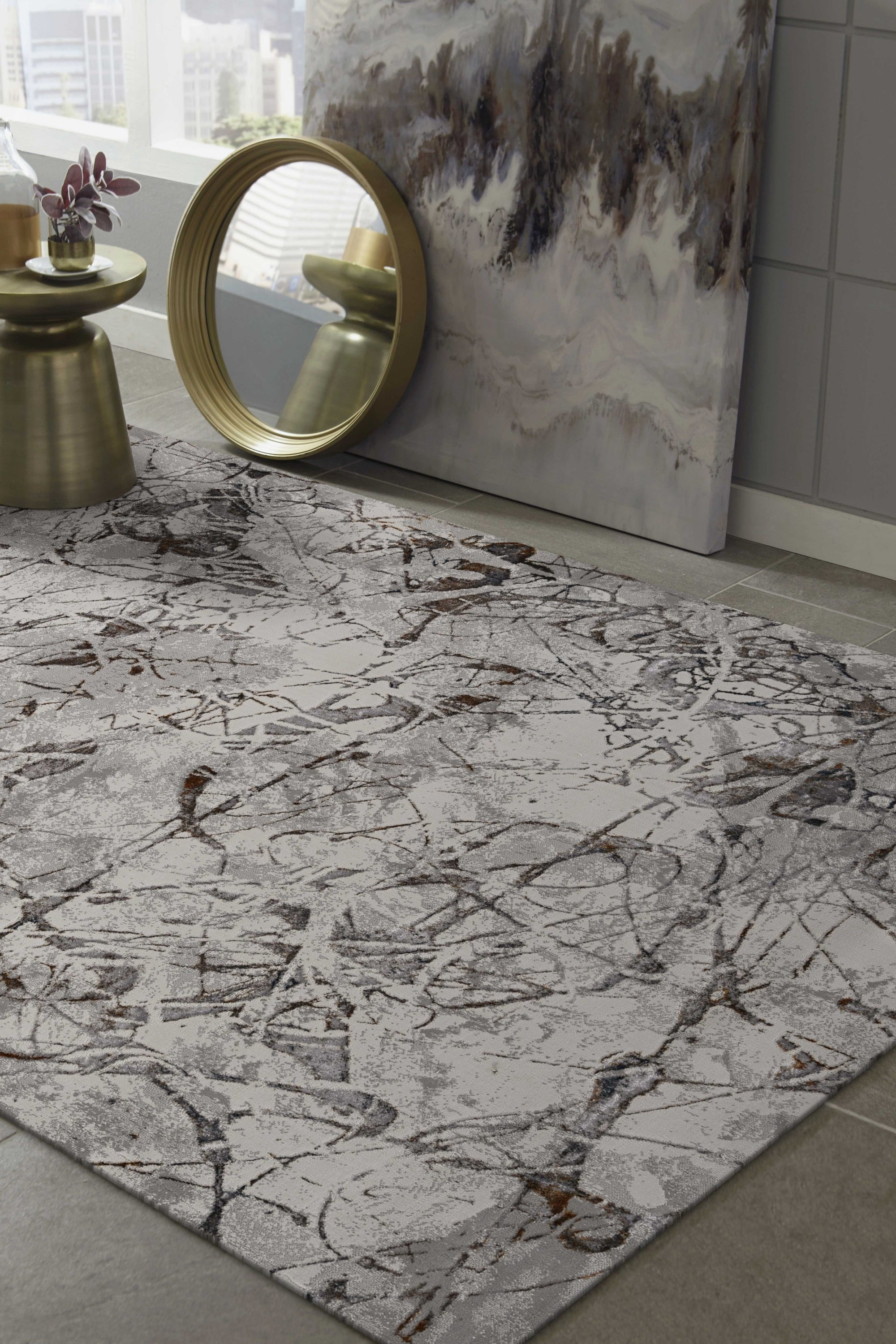 6 inches x 9 inches ivory and grey abstract design indoor area rug with metallic highlights, perfect for living rooms.