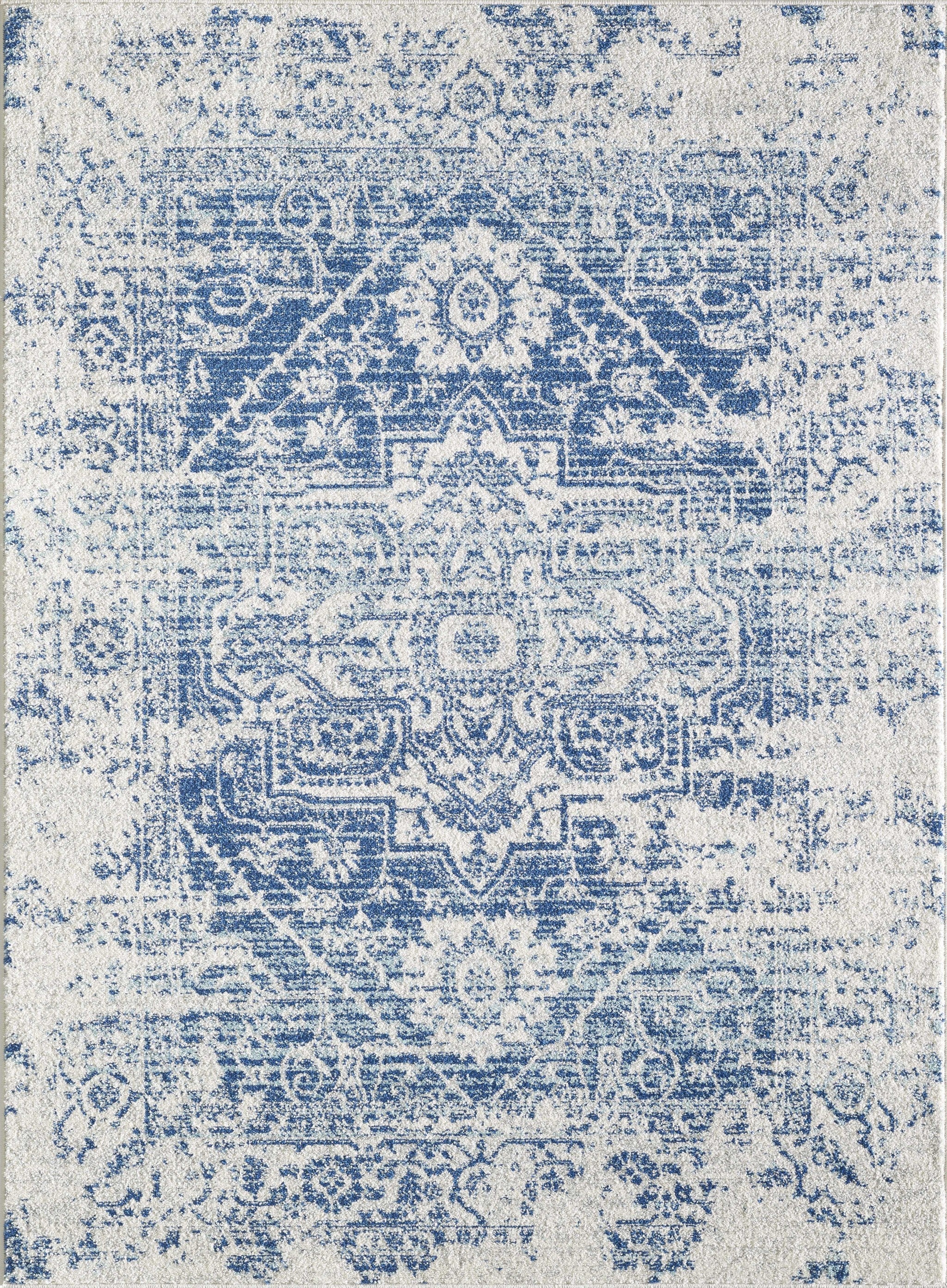 7' Ivory Blue Machine Woven Distressed Medallion Indoor Runner Rug showcasing a stylish medallion pattern in ivory and blue tones.