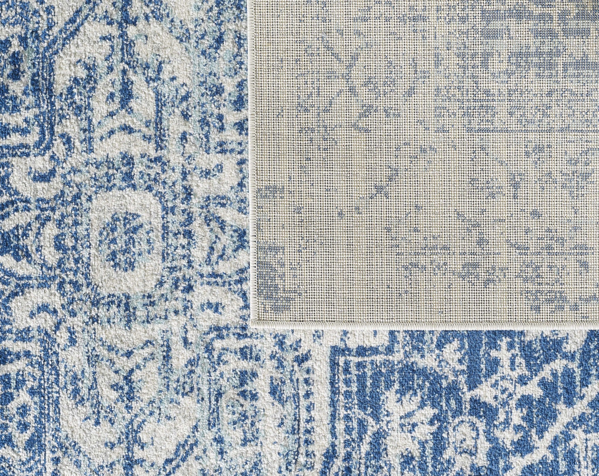 7' Ivory Blue Machine Woven Distressed Medallion Indoor Runner Rug showcasing a stylish medallion pattern in ivory and blue tones.