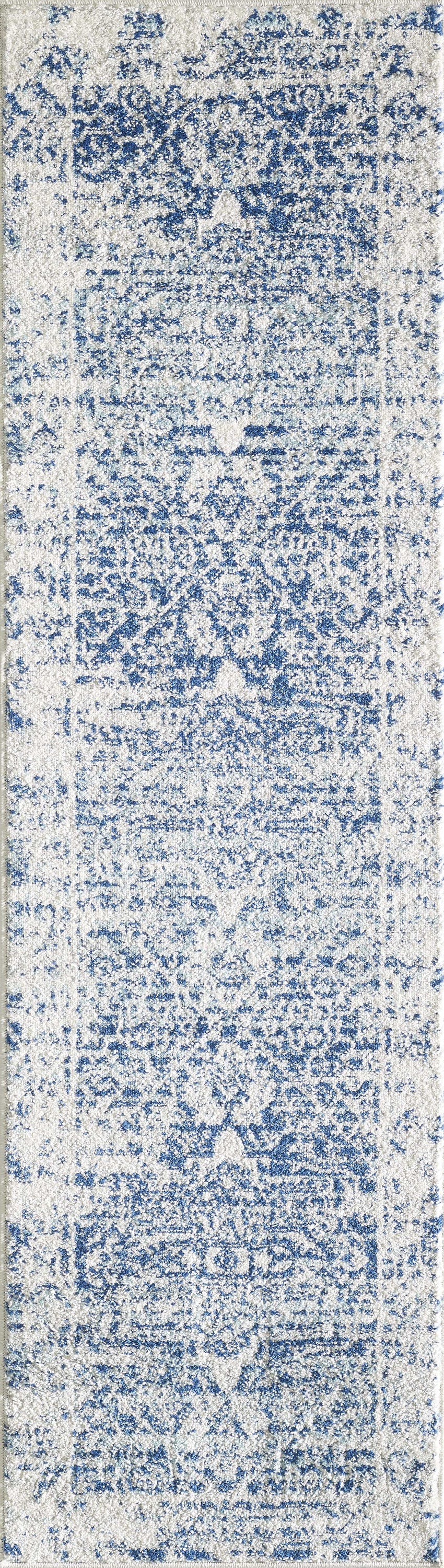 7' Ivory Blue Machine Woven Distressed Medallion Indoor Runner Rug showcasing a stylish medallion pattern in ivory and blue tones.