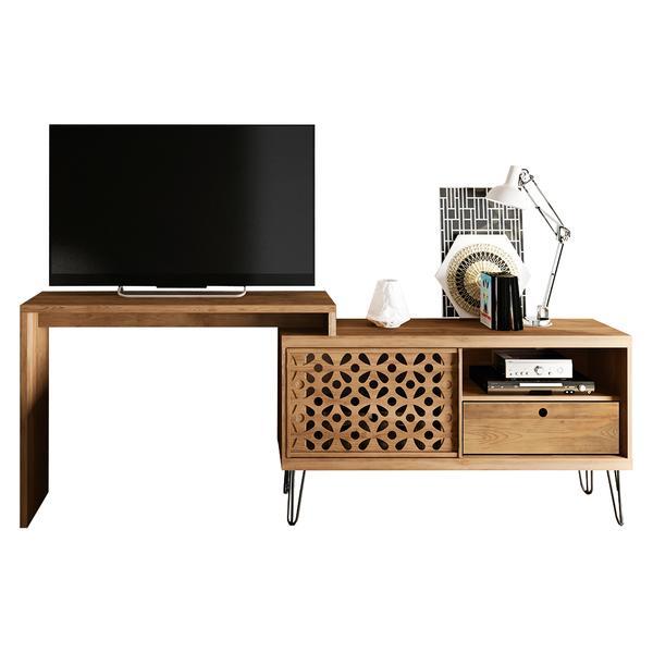 A stylish 77-inch TV stand with a unique desk design, featuring sliding doors, internal shelves, and strong iron legs, perfect for modern homes.