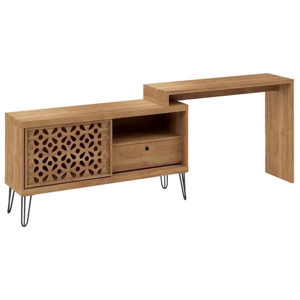 A stylish 77-inch TV stand with a unique desk design, featuring sliding doors, internal shelves, and strong iron legs, perfect for modern homes.