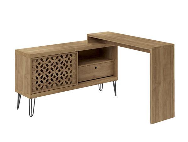 A stylish 77-inch TV stand with a unique desk design, featuring sliding doors, internal shelves, and strong iron legs, perfect for modern homes.