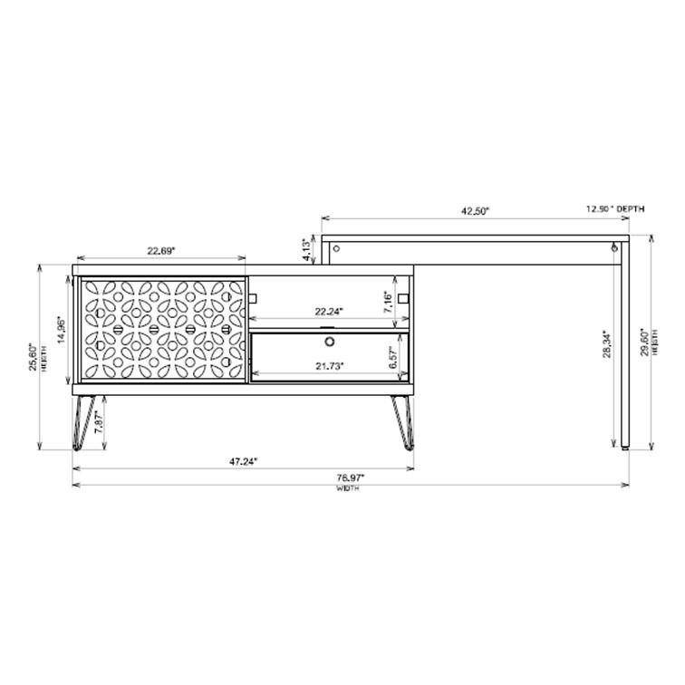 A stylish 77-inch TV stand with a unique desk design, featuring sliding doors, internal shelves, and strong iron legs, perfect for modern homes.