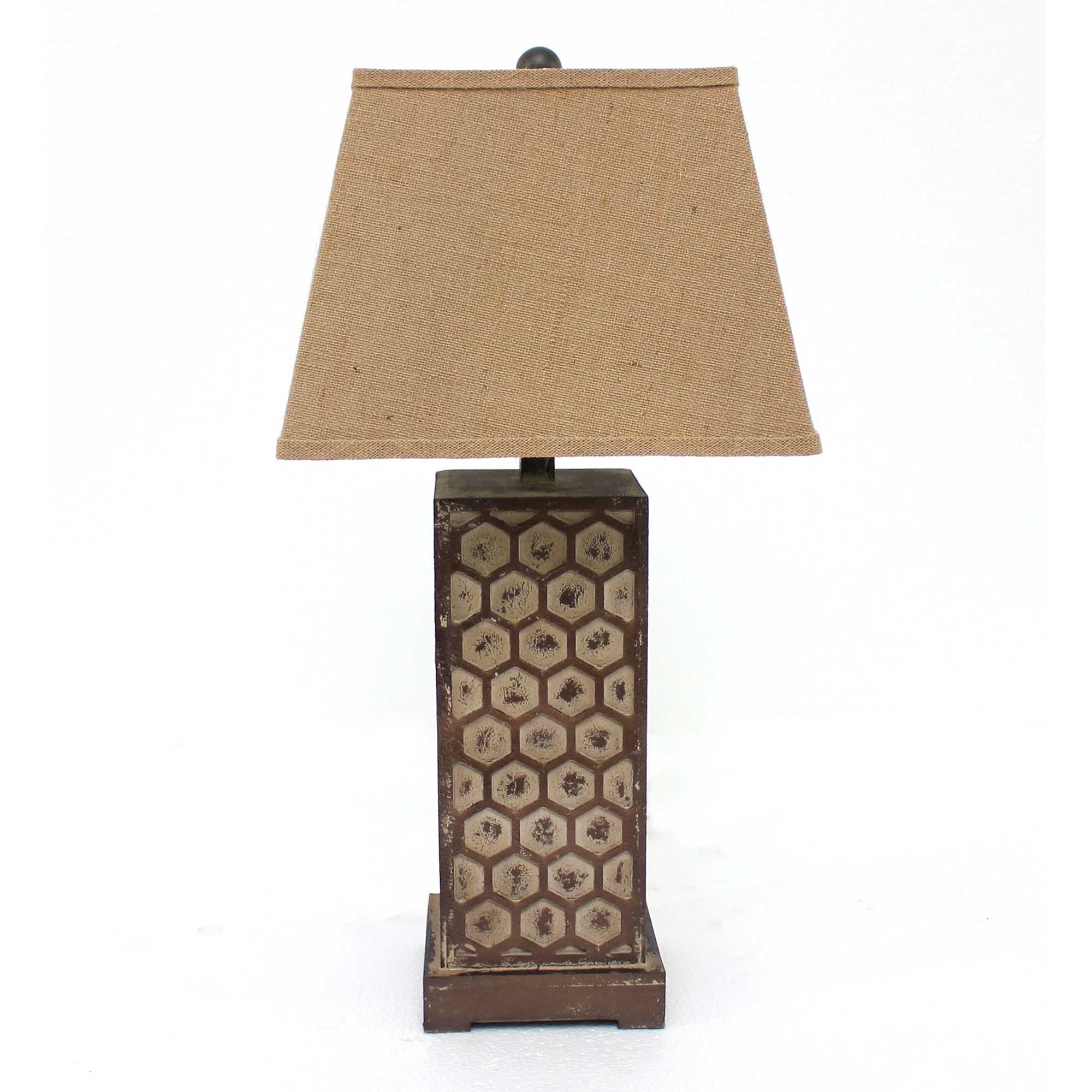 7 x 7 x 28.5 Brown Industrial Table Lamp with honeycombed metal base and khaki linen shade, perfect for home or office decor.