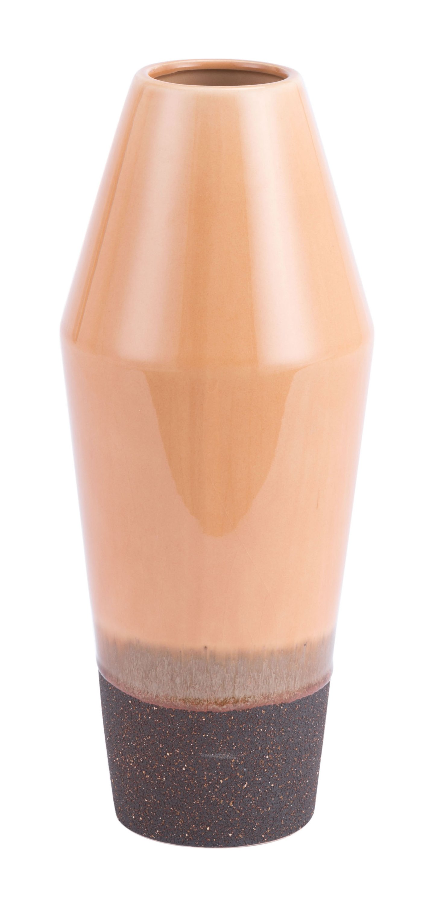 A large light orange ceramic vase with a smooth upper surface and earthy textured base, perfect for floral arrangements or as a decorative piece.