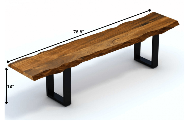 A rustic 71-inch live edge acacia wood bench with black metal legs, showcasing its warm walnut finish and unique natural design.