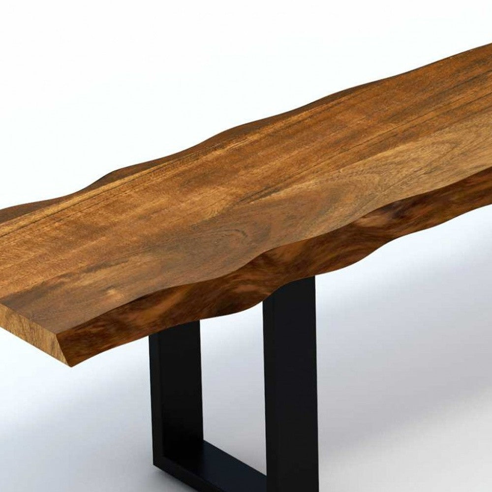 A rustic 71-inch live edge acacia wood bench with black metal legs, showcasing its warm walnut finish and unique natural design.