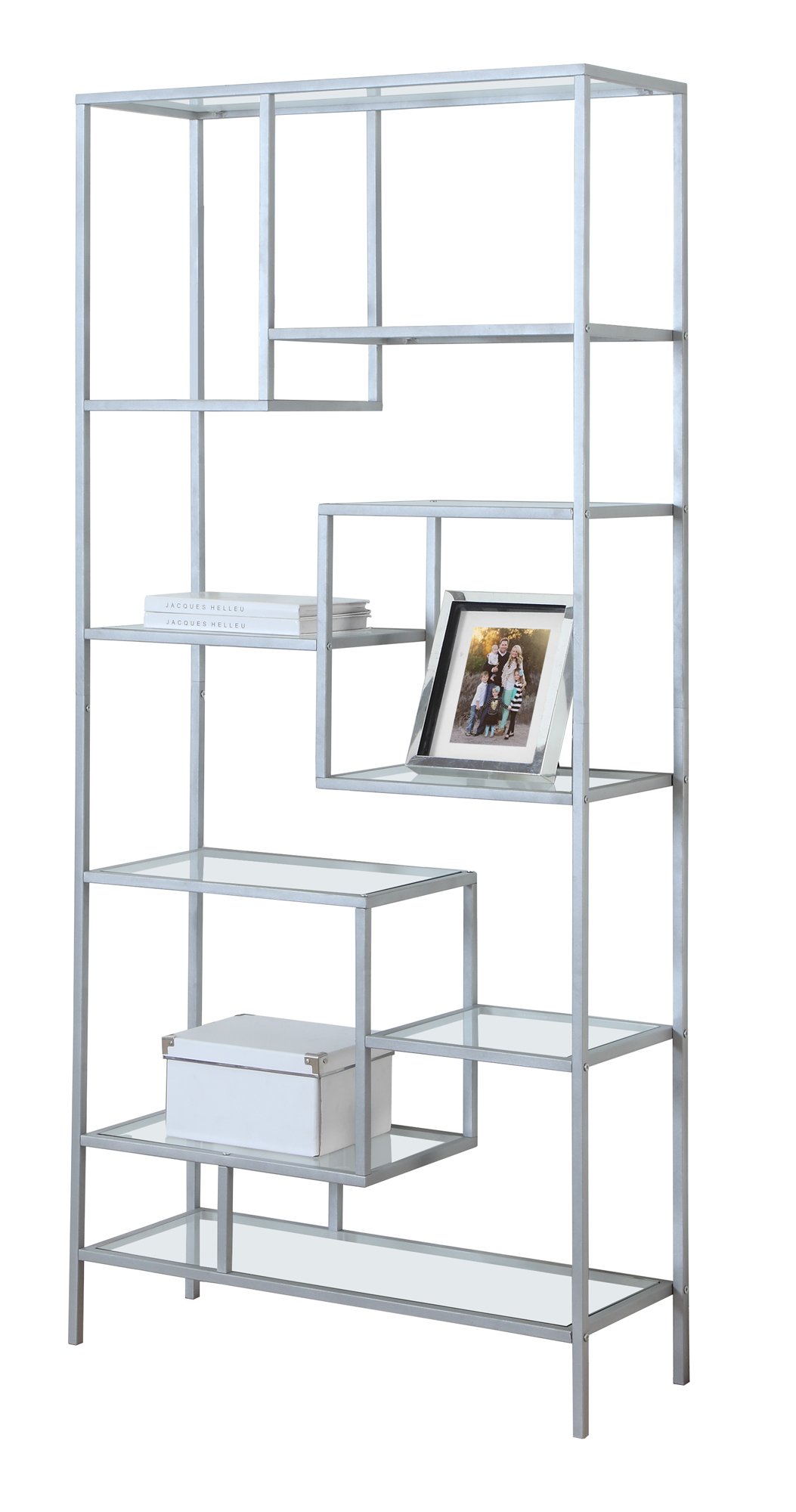 A stylish 72-inch metal and tempered glass bookcase with nine shelves, showcasing books and decorative items in a modern living space.