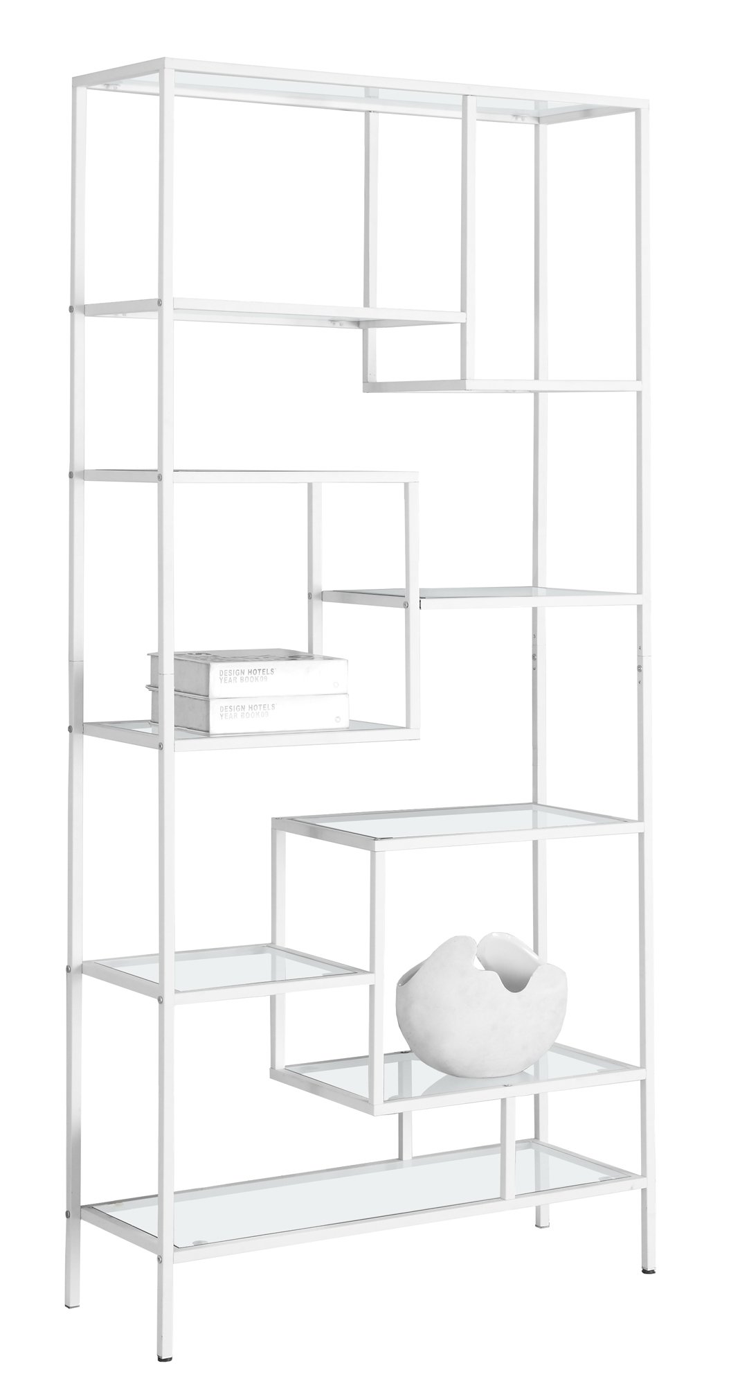 A stylish 72-inch metal and tempered glass bookcase with nine shelves, showcasing books and decorative items in a modern living space.