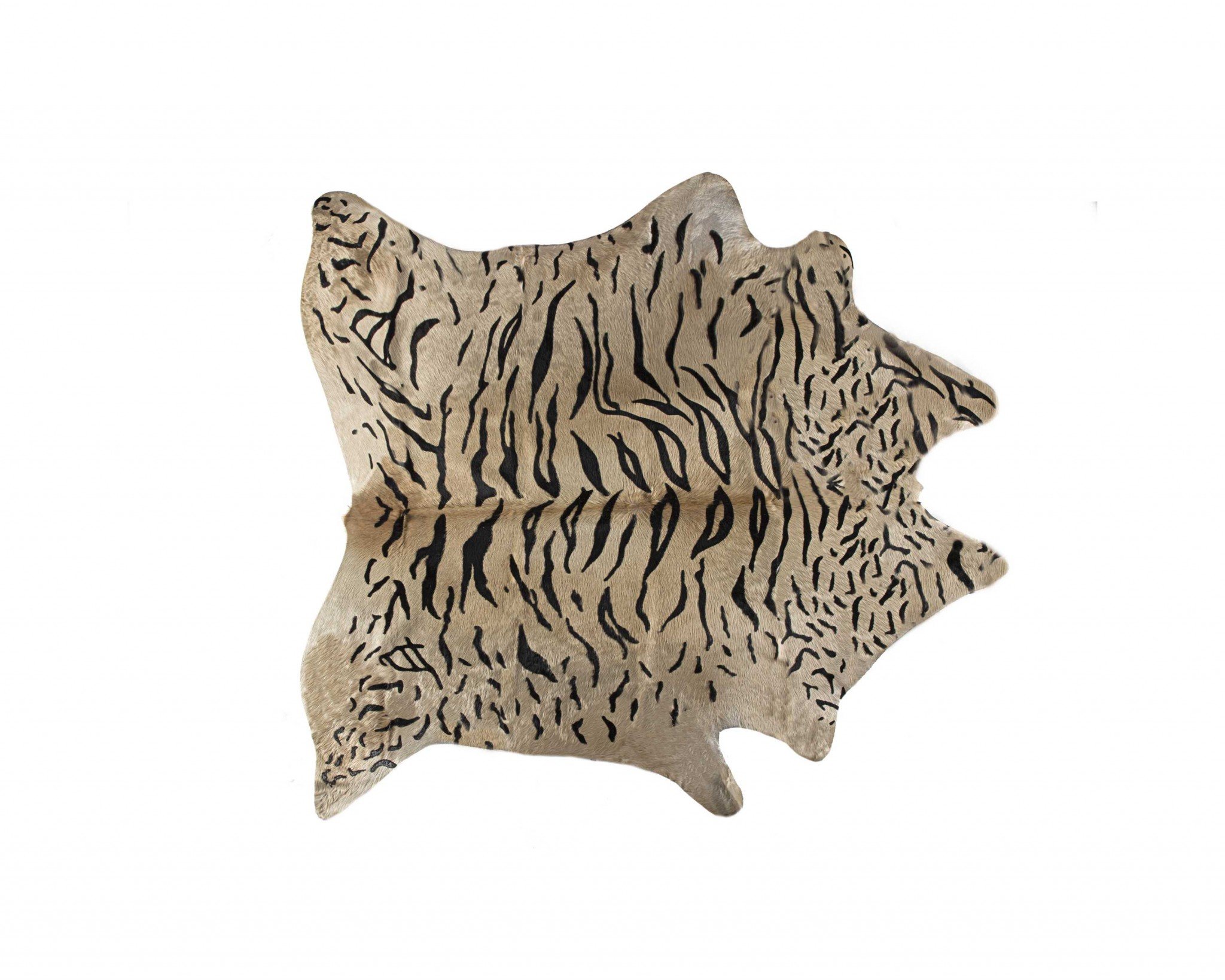 Luxurious 72x84 Tiger Black on Natural Cowhide Rug showcasing unique patterns and rich texture, perfect for modern home decor.