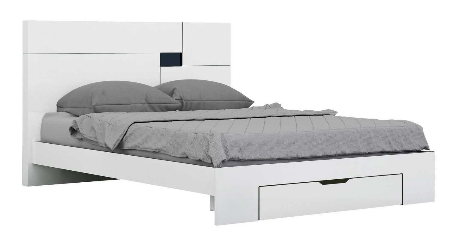 Ultramodern California king bed with high gloss finish and under-bed storage drawer, designed for style and functionality.