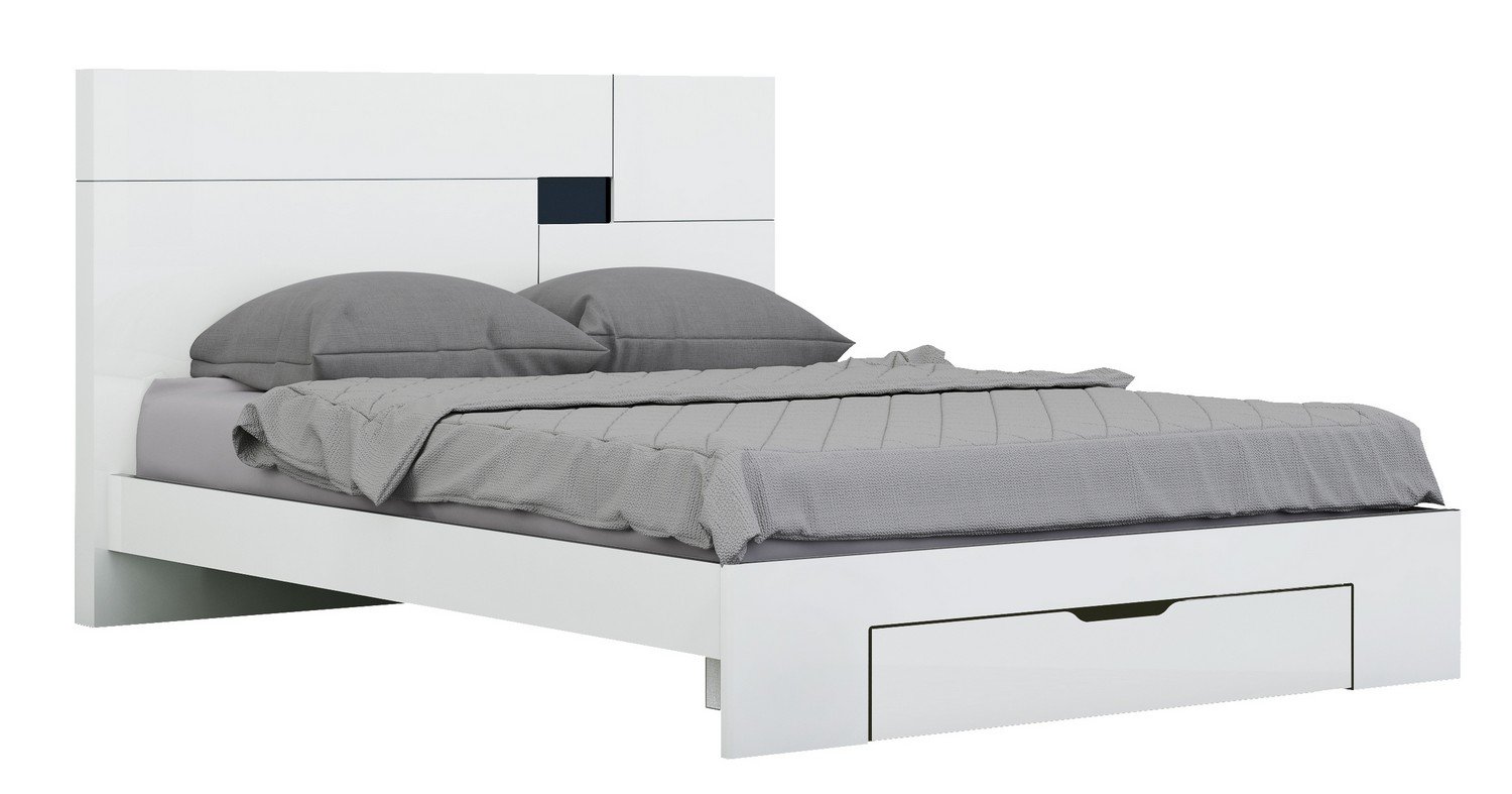 Ultramodern California king bed with high gloss finish and under-bed storage drawer, designed for style and functionality.