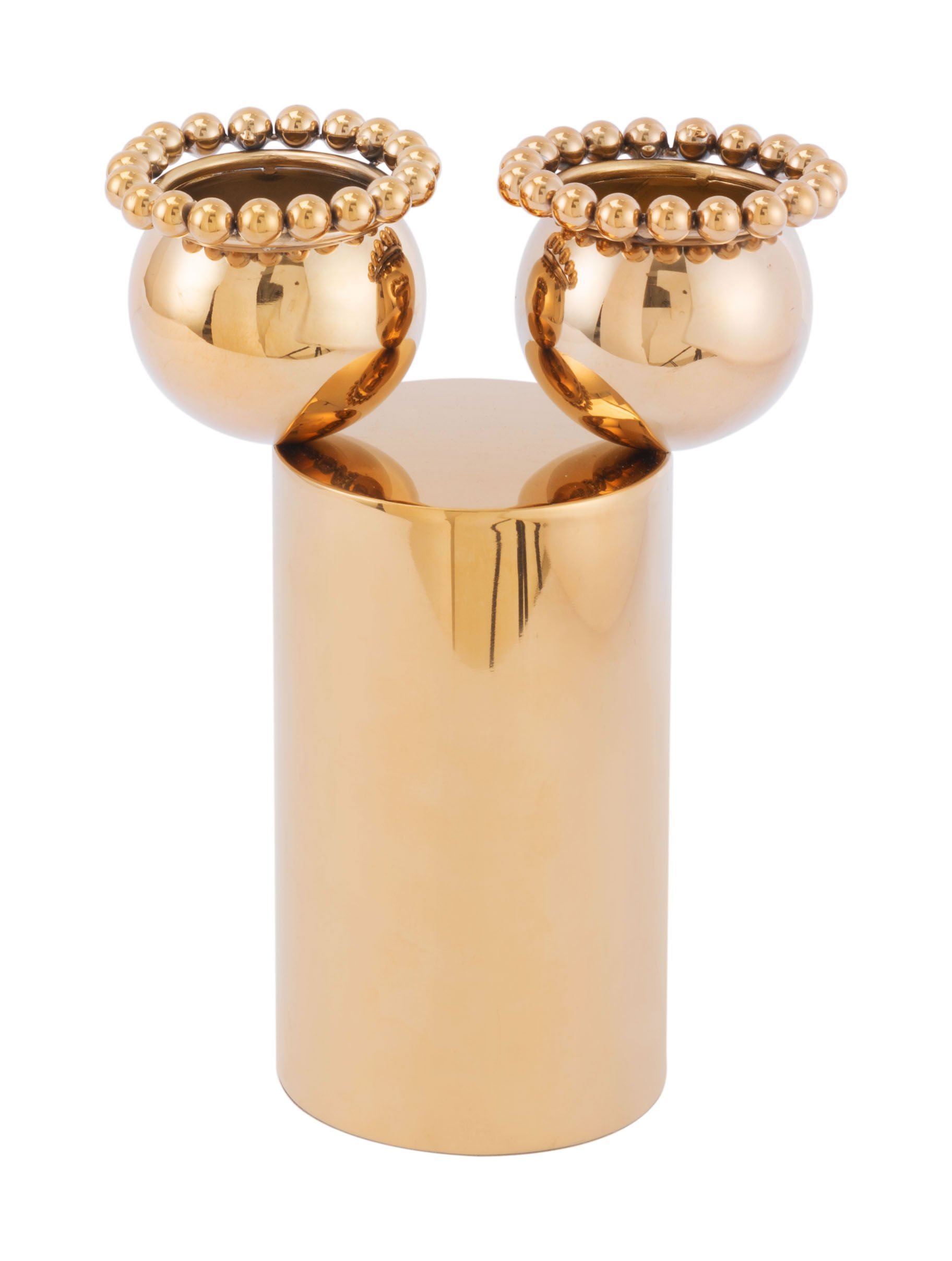 A luxurious gold stainless steel vase with a cylindrical pedestal base and beaded edge, designed for elegant floral arrangements.