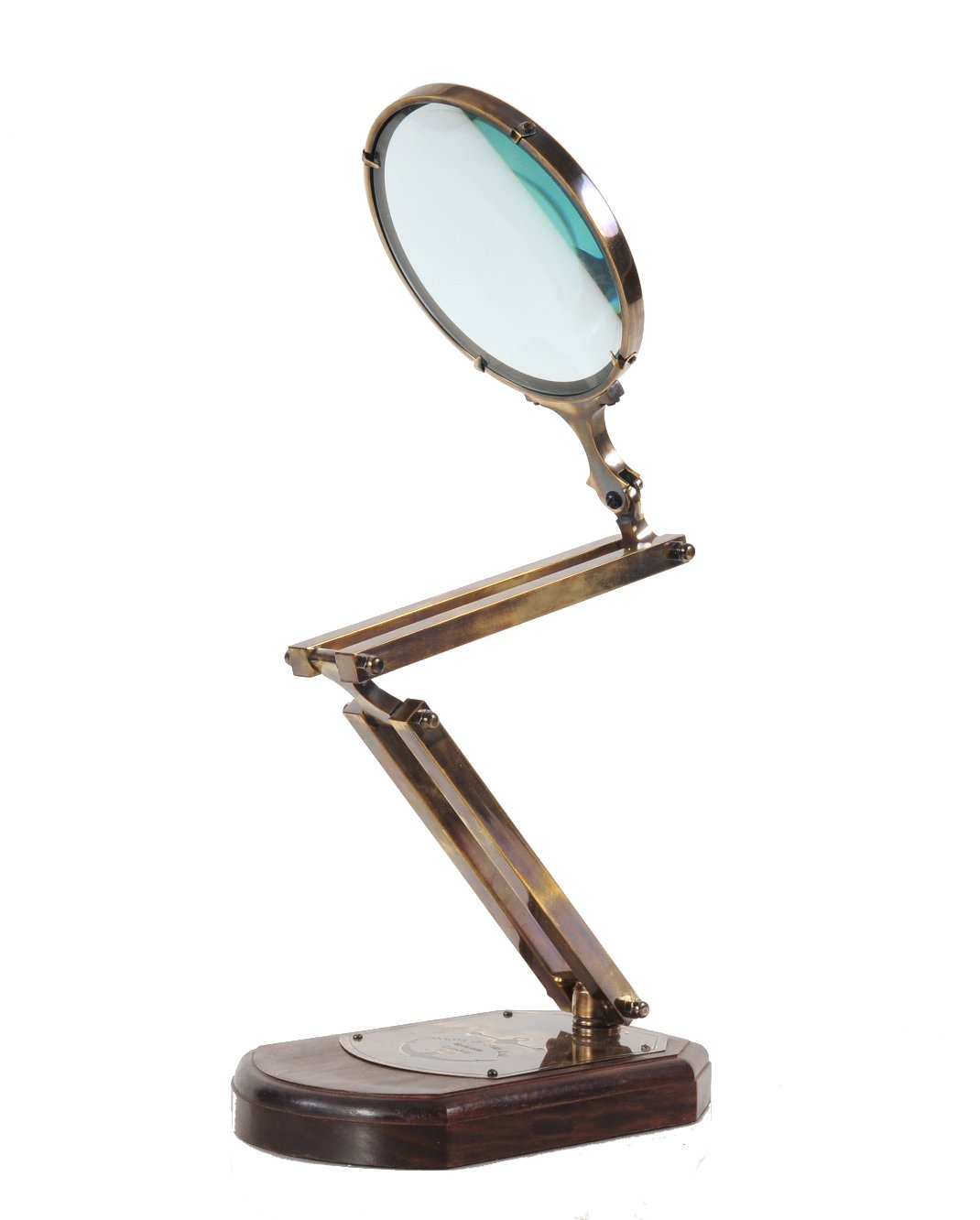 A beautifully crafted 7.5x14.5x28 inches brass magnifying glass with a wooden base, showcasing intricate etchings and a shiny finish.