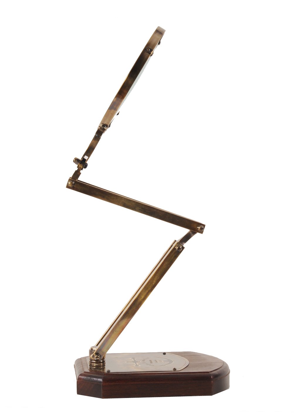 A beautifully crafted 7.5x14.5x28 inches brass magnifying glass with a wooden base, showcasing intricate etchings and a shiny finish.