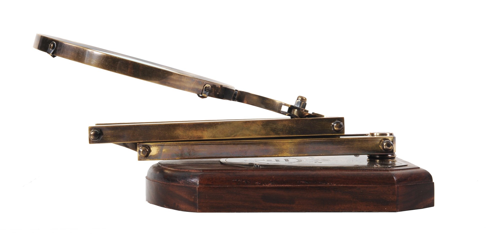 A beautifully crafted 7.5x14.5x28 inches brass magnifying glass with a wooden base, showcasing intricate etchings and a shiny finish.