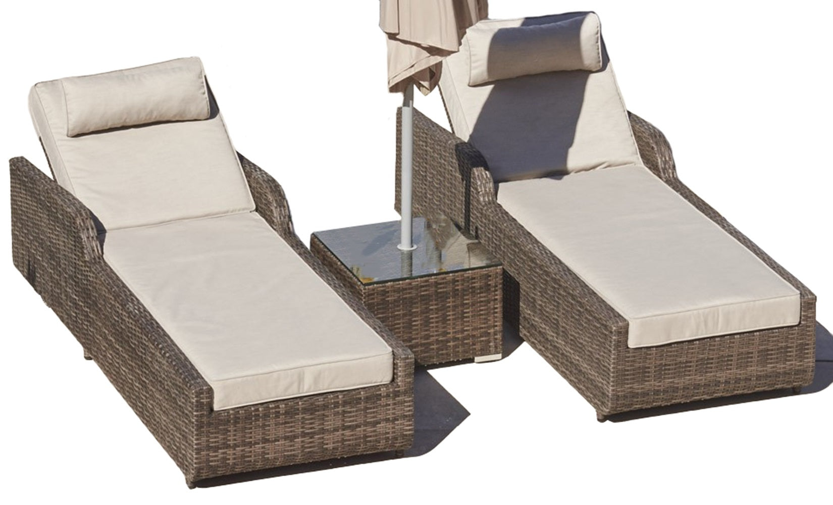 Brown 3-Piece Outdoor Arm Chaise Lounge set featuring two lounges with cushions and a glass-top table, perfect for outdoor relaxation.
