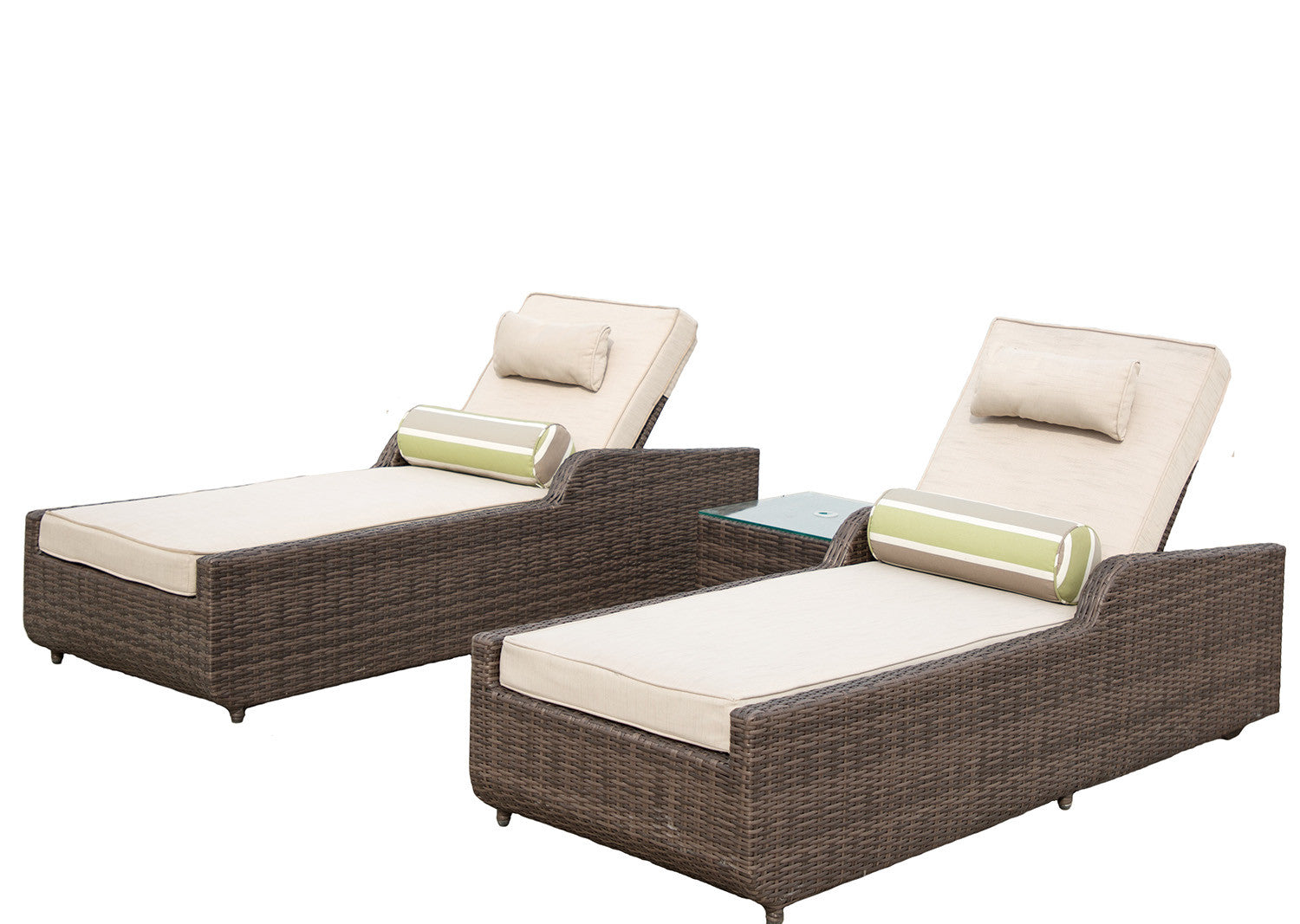 Brown 3-Piece Outdoor Arm Chaise Lounge set featuring two lounges with cushions and a glass-top table, perfect for outdoor relaxation.