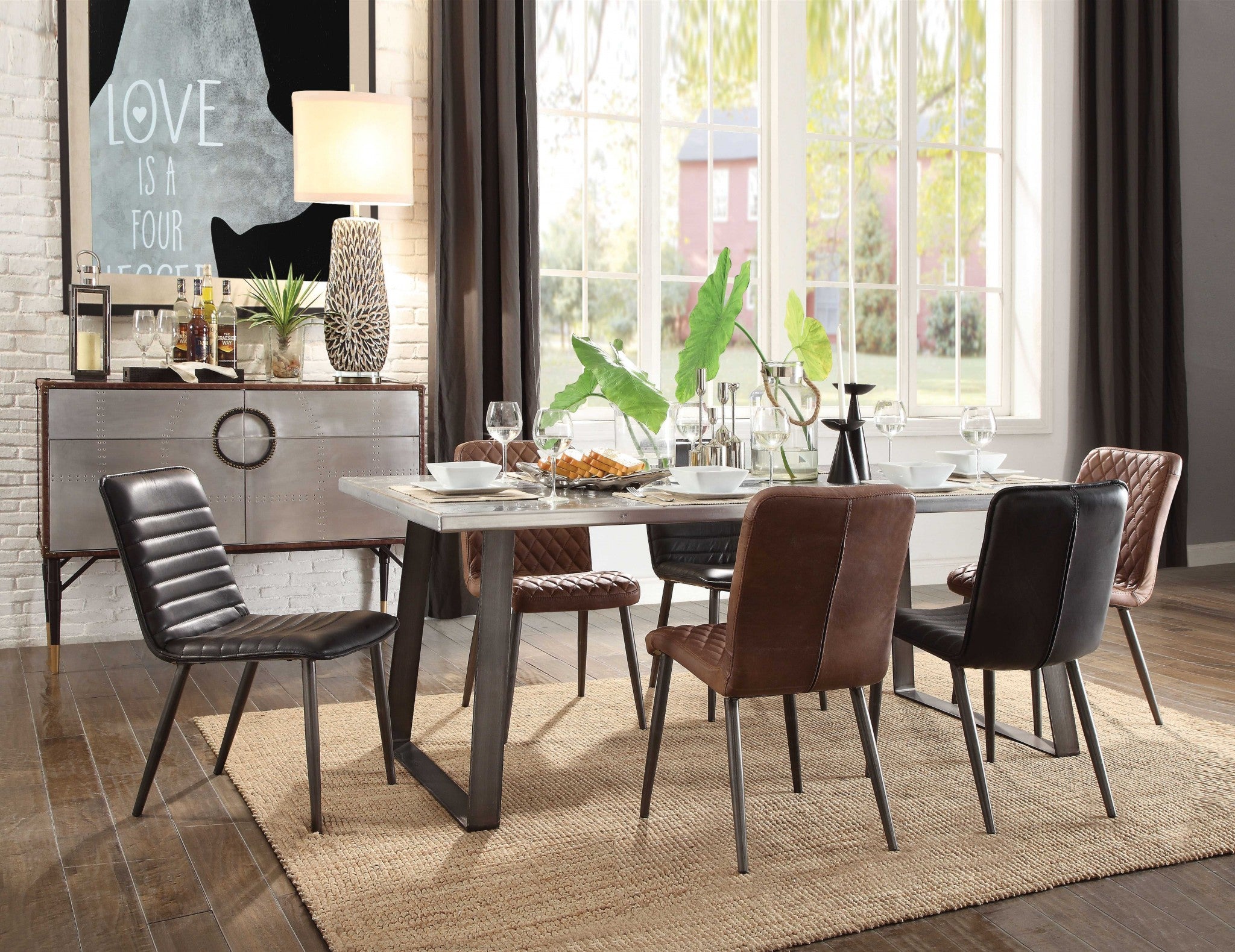 Elegant 78x40x30 inches aluminum and gunmetal dining table with a sleek design and sturdy sled base, perfect for family gatherings.