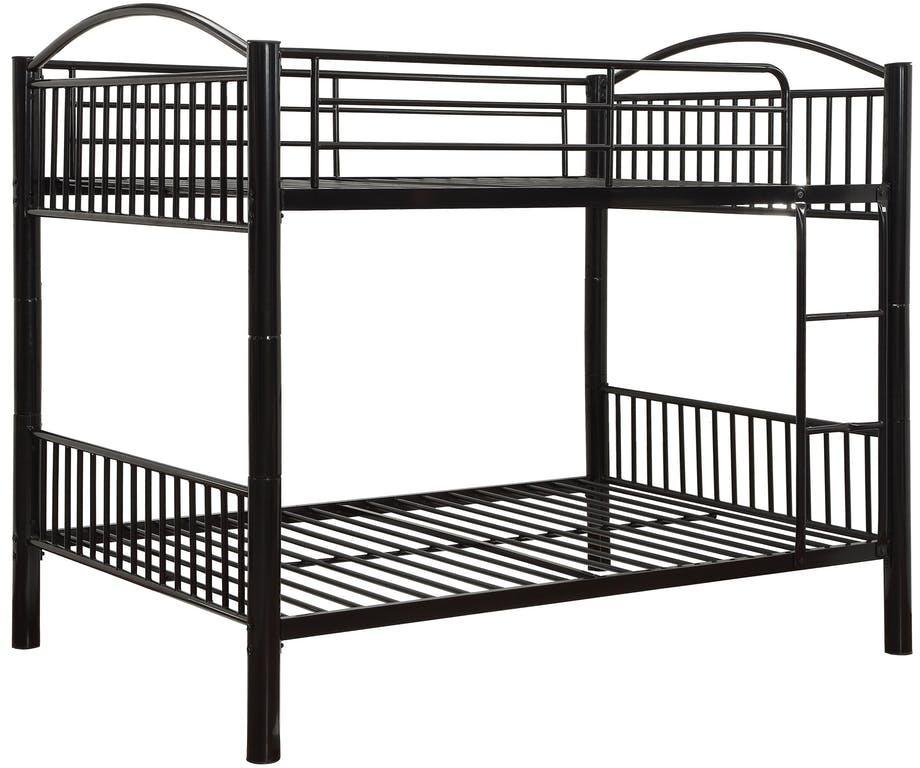 Black Metal Full Over Full Bunk Bed with side ladder and guard-rail, showcasing a contemporary design suitable for any bedroom.